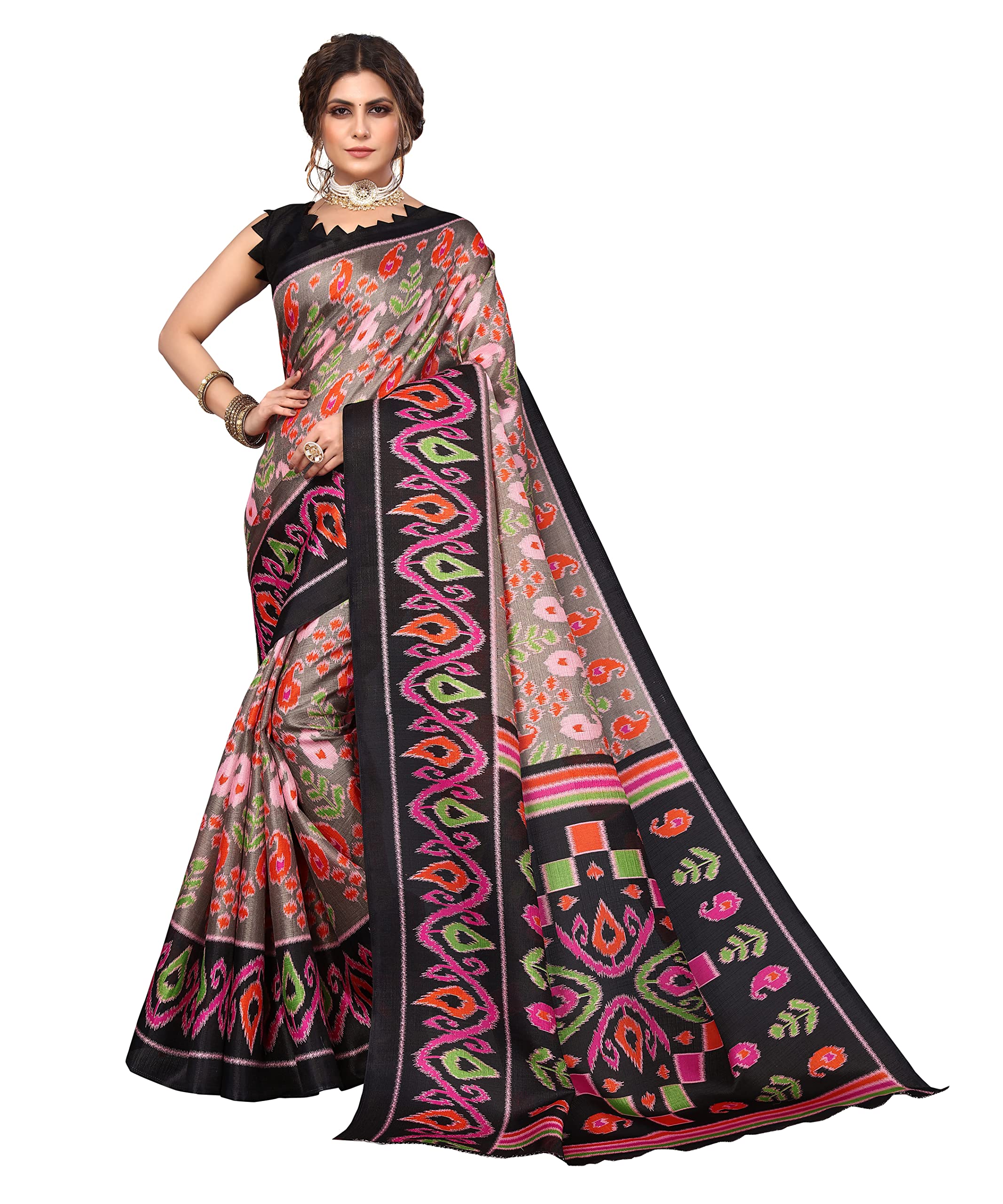 FASHIONZAADI Saree for Women Art Silk Printed Saree Indian Bridal Collection Sari with Blouse Piece Ethnic Traditional Women's Party Wear Saree