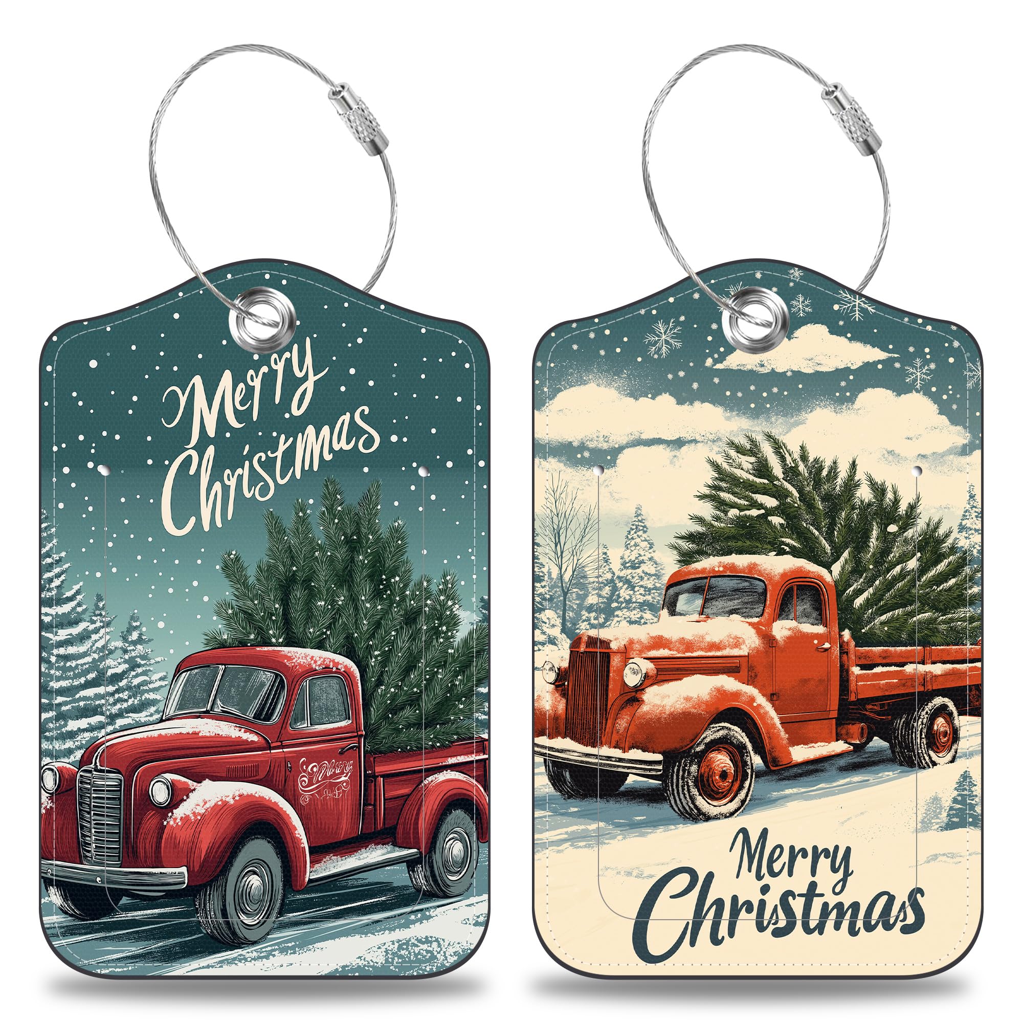 Red Truck Carrying Christmas Tree Set of 2 Luggage Tags for Suitcases Leather Suitcase Tags Identifiers with Privacy Name Label and Stainless Steel