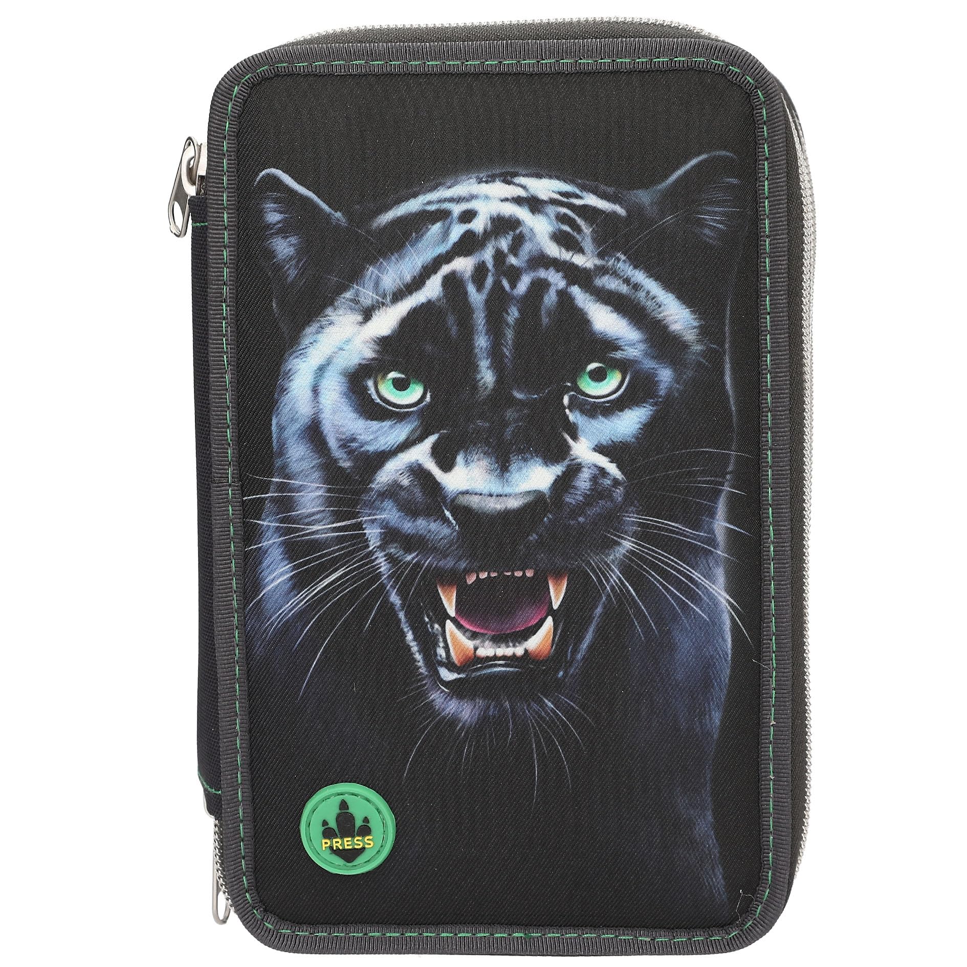 Depesche 13709 Adventure World Panther - Astuccio a 3 Scomparti in Nero, con Motivo Pantera ed Effetti di Luce LED, Astuccio con matite Colorate, Forbici, Righello e Molto Altro.