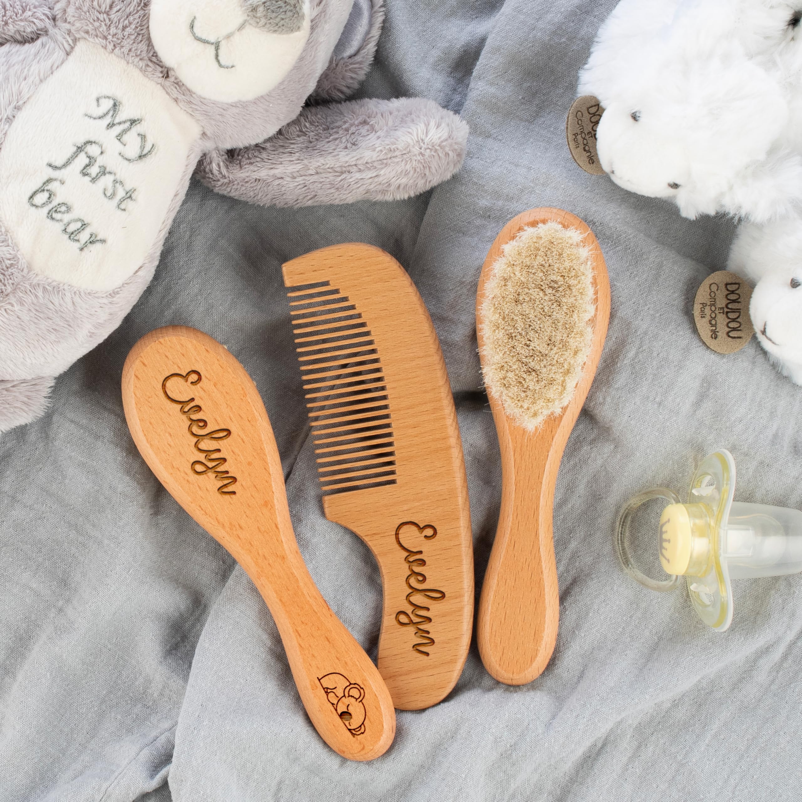 Custom Wooden Baby Brush set, Optional Icons and Fonts, Personalized Wooden Baby Brush and Comb Set, Personalized Baby Gifts, Baby Shower Gift Girls, Boy