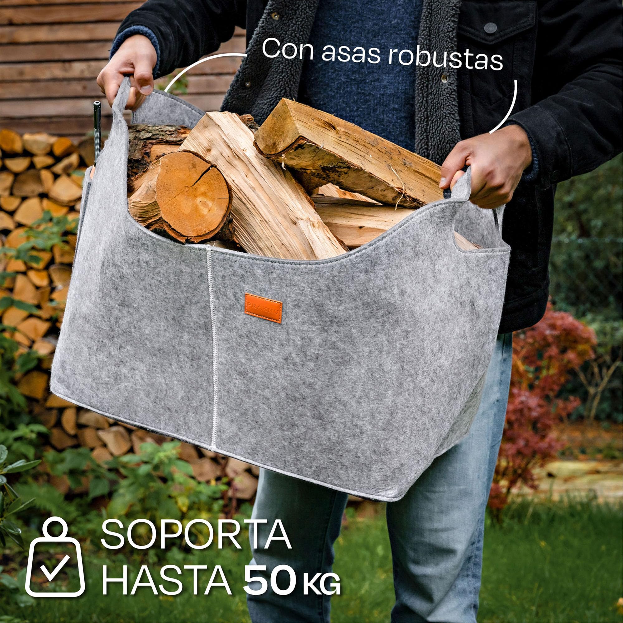 Praknu Cesto para Leña Interior - Grande - De Fieltro Reciclado - Con Asas de Transporte - Bolsa de Fieltro para Almacenar Leña de Chimenea y Más - Gris