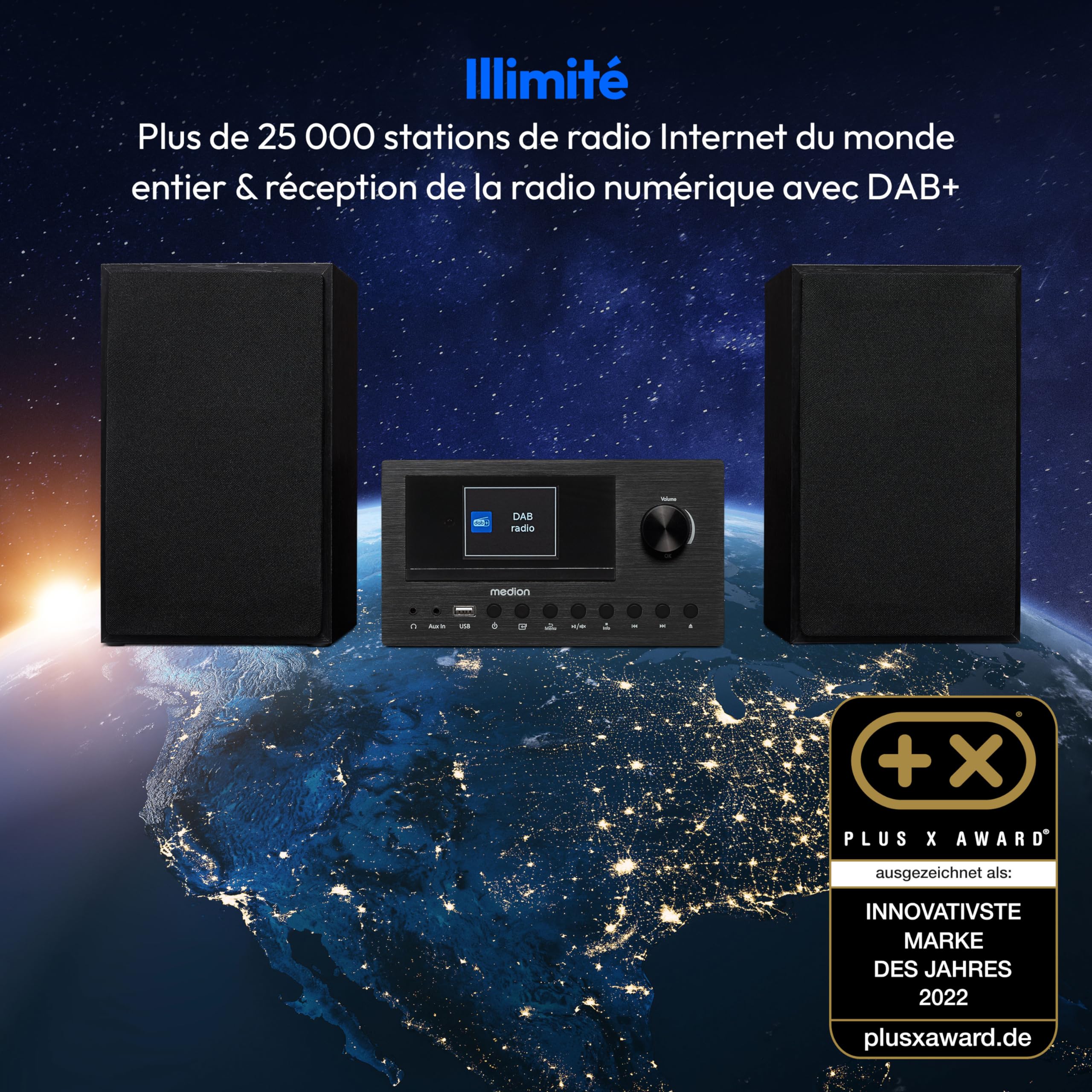 MEDION Système Audio Compact P85003 (Radio Internet, Dab+, Radio FM PLL, Bluetooth, Connexion USB, AUX, 2x150 W)