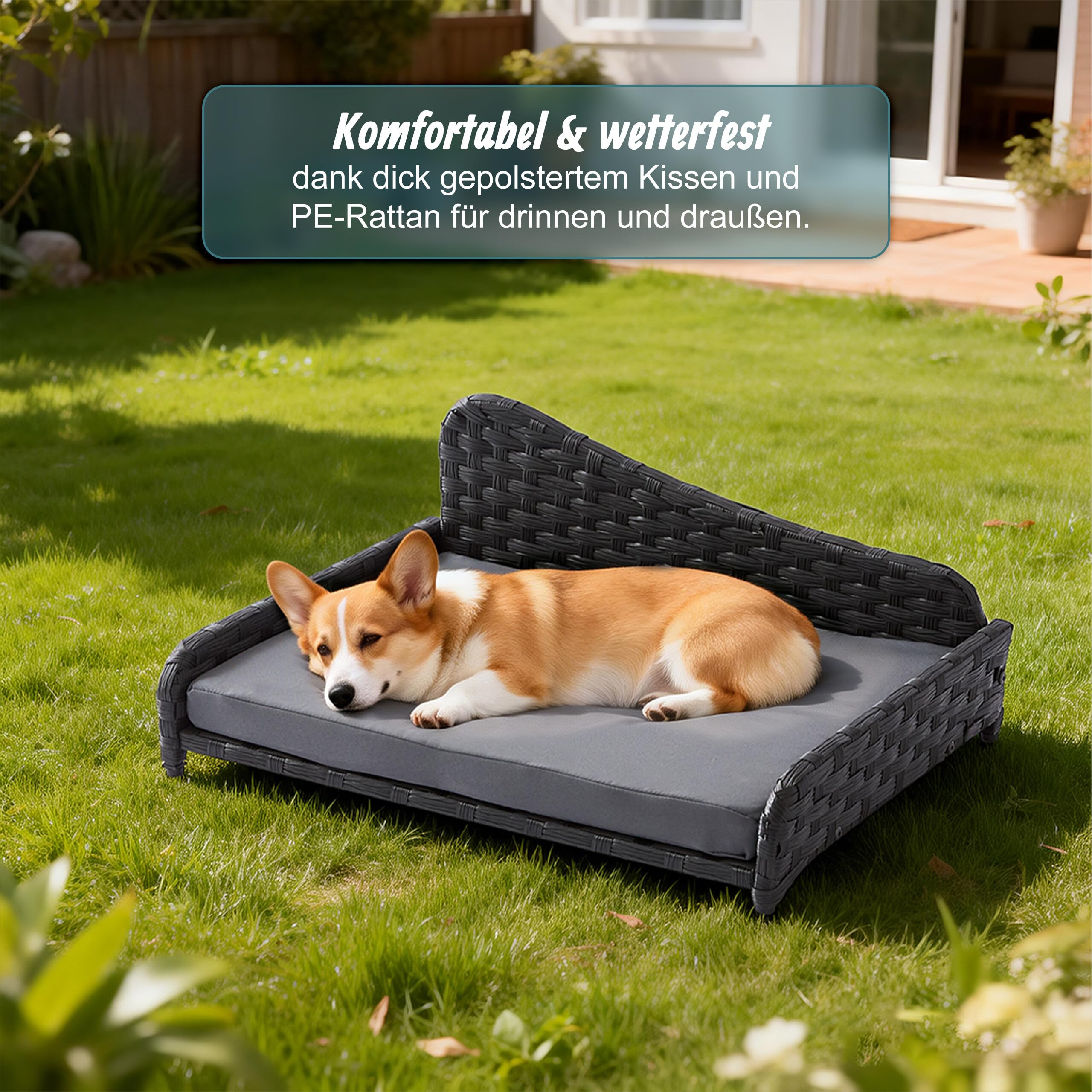 Relaxdays Hundebett Rattan, L, HBT: 25x63x46 cm, erhöhtes Hundeliege mit Kissen, Hundesofa, Outdoor & Indoor, grau