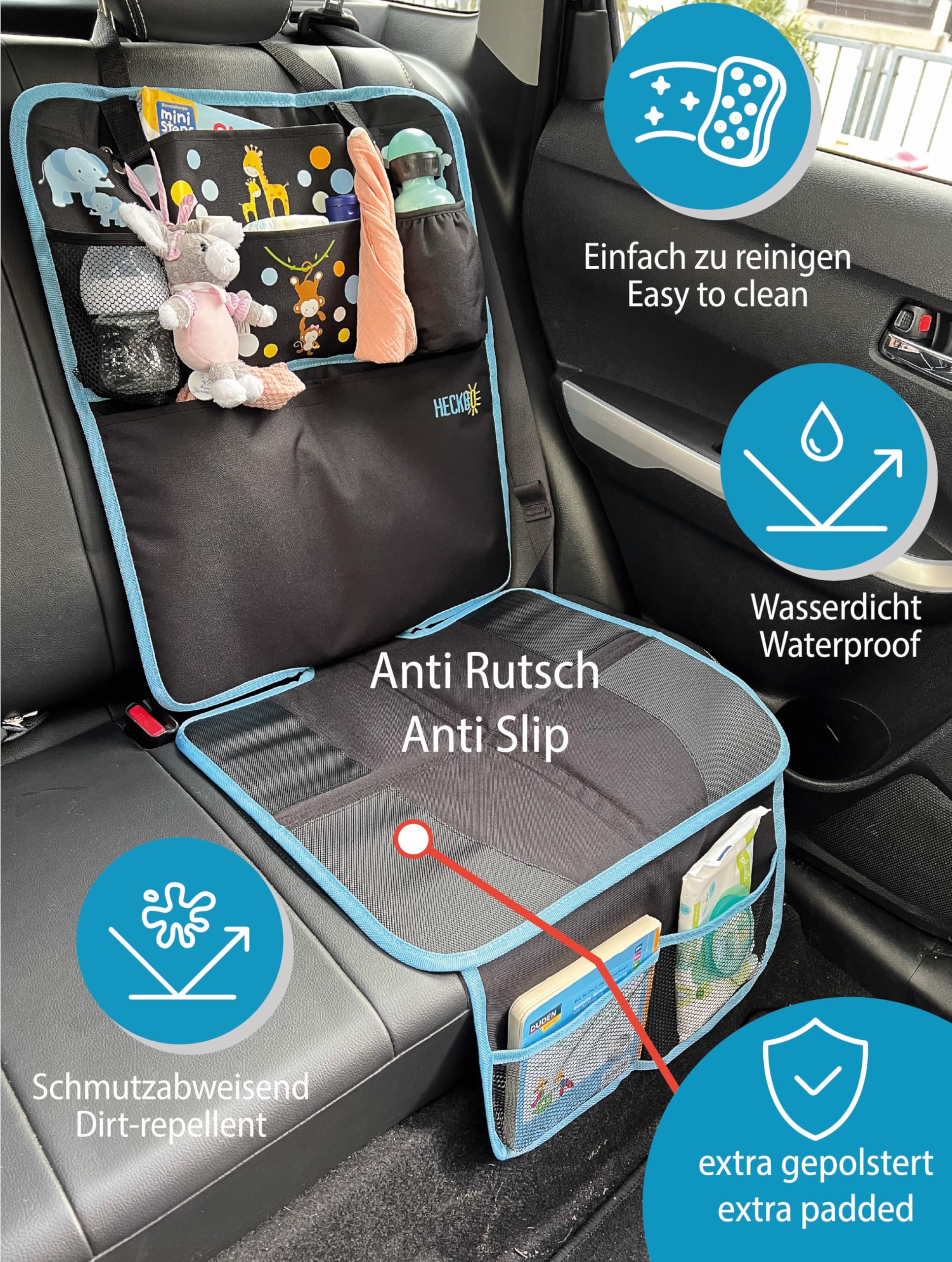 HECKBO Pokrowce na fotele samochodowe dla dzieci - Organizer samochodowy - Baby Tiere Mama - Podkładka z ISOFIX, ochraniacz na siedzenia do ochrony foteli samochodowych, odpowiednia dla wszystkich