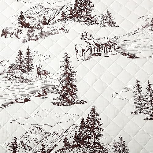 Miniatura 7 de Paseo Road White Pine Rustic Bedding - Juego de edredón de 3 piezas tamaño King, ropa de cama de algodón blanco con estampado de oso marrón, ciervo,