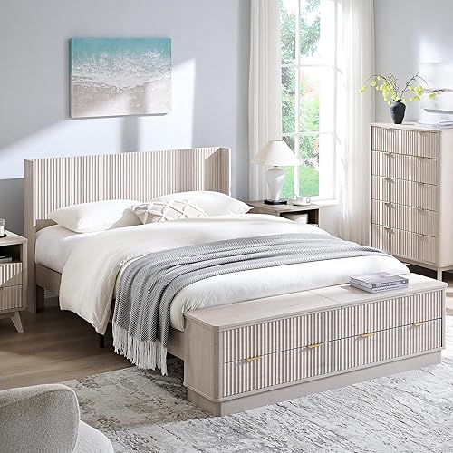 T4TREAM Fluted Queen Size Bed Frame with Wingback Headboard, Footboard Storage Bench with Built-in Drawers & Lift-Up Compartments, Wood & Steel Platform Bed, No Box Spring Needed, White Alder