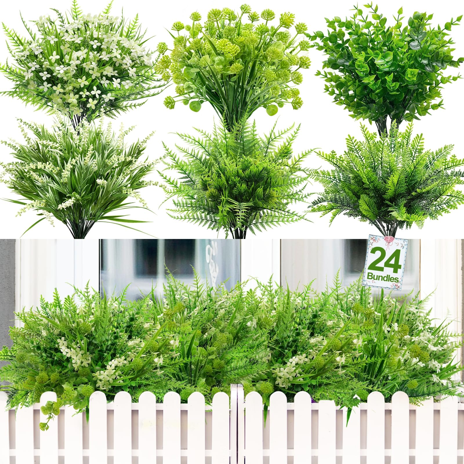 24 Bundles Artificial Plants Flowers for Outdoors Spring Decor, UV Resistant Fake Plants Plastic Faux Boston Fern Lavender Flowers Boxwood Greenery