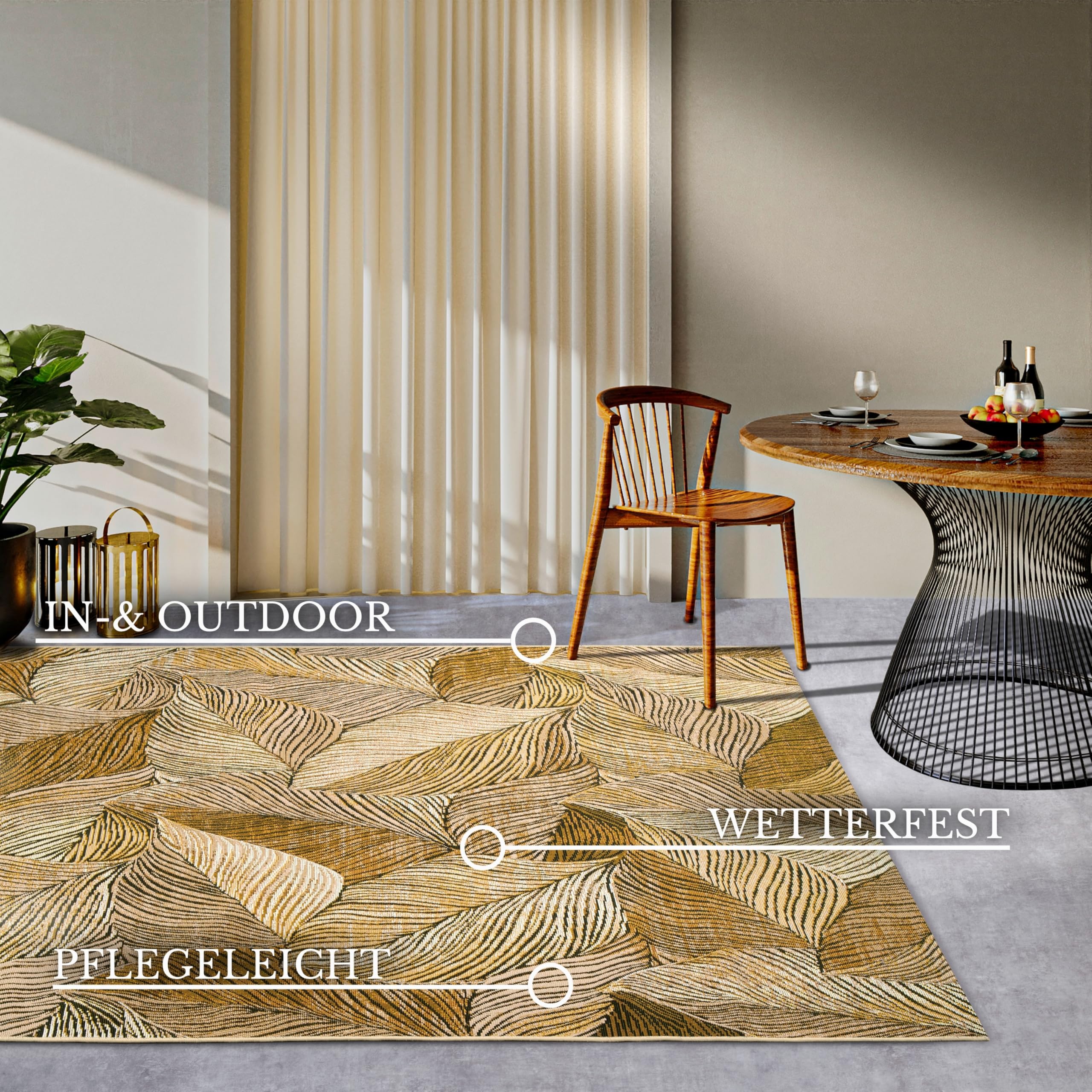 Villeroy & Boch Eugene Alfombra Moderna para Interior y Exterior, Tejido Plano, diseño de Hojas de Palmera, Certificado Öko-Tex Resistente a la Intemperie y a los Rayos UV, para balcón, terraza,