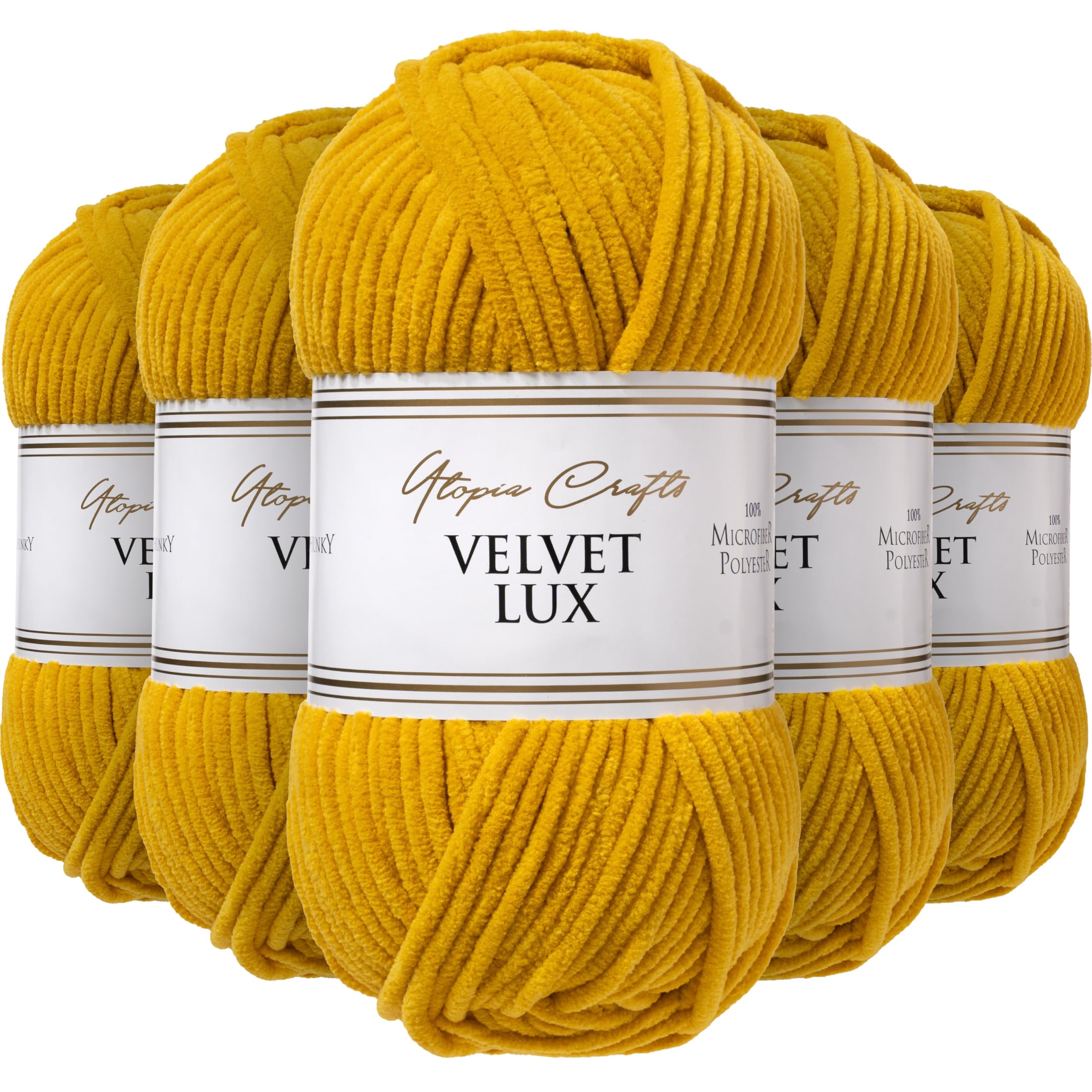 Utopia Crafts Velvet Lux Chenille Super Soft Chunky Yarn for Knitting and Crochet 5X 100g (Mustard Yellow)