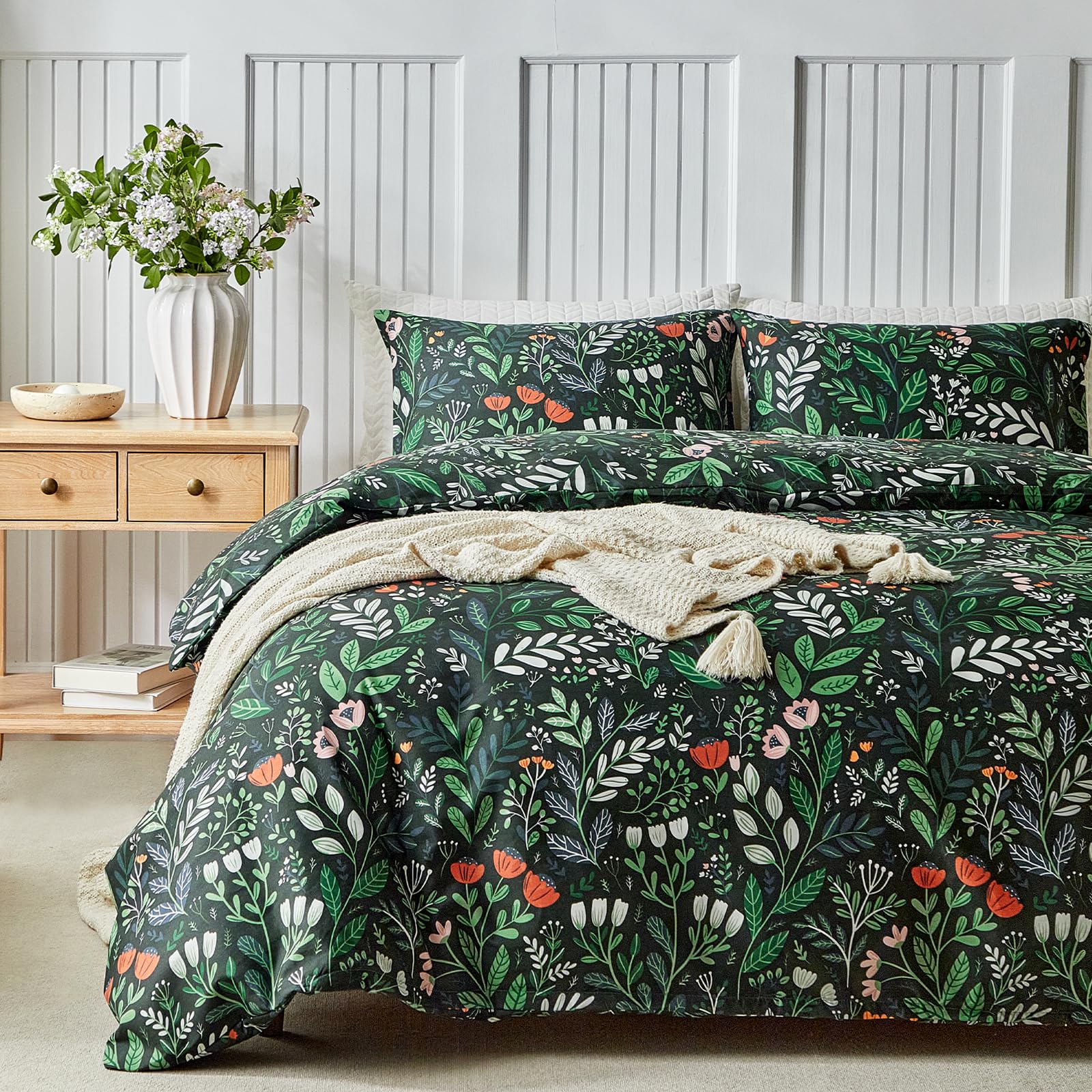 Lekesky King Size Duvet Cover Sets Black Bedding - Vintage Floral Green Leaf Print King Duvet Set (1x Quilt Cover, 2x Pillowcases) Soft Microfibre Black Bedding Sets 230x220 cm — image 1