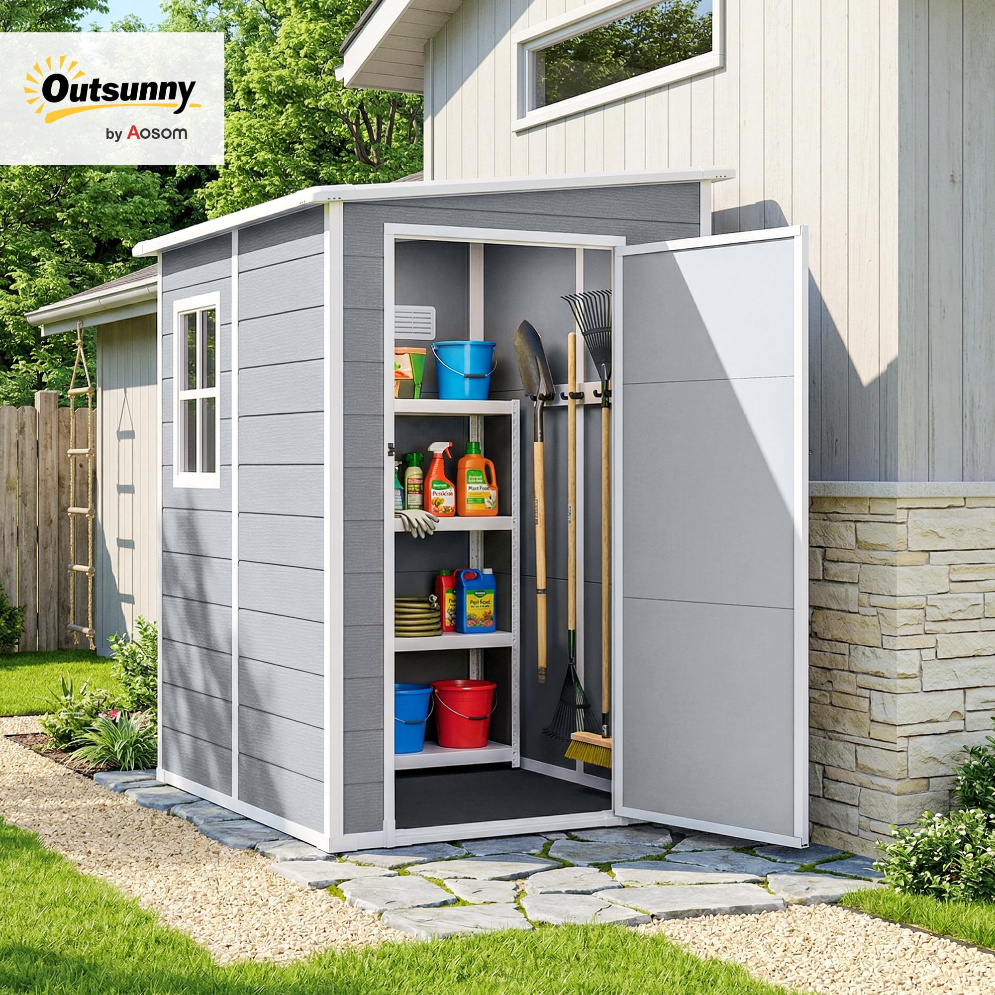 Outsunny Gerätehaus 1,54m³, Gartenhaus mit Pultdach, Boden 122 x 149 x 192/177 cm, wetterfest Geräteschuppen mit Abschließbar Tür, Fenster, Gartenschrank aus Kunststoff, für Hinterhof, Garten, Grau