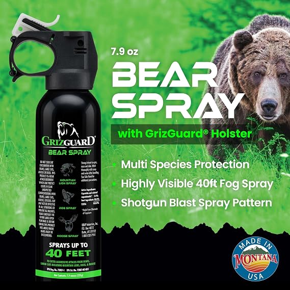Griz Guard Bear Spray with Holster -Maximum Strength 7.9 oz, 40-Foot Range, EPA-Registered Bear Deterrent Repels Bears, Mountain Lions, Coyotes & Moose, Glow Safety Clip, Hiking & Camping Protection