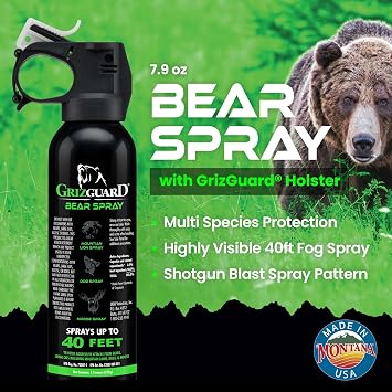 Griz Guard Bear Spray with Holster -Maximum Strength 7.9 oz, 40-Foot Range, EPA-Registered Bear Deterrent Repels Bears, Mountain Lions, Coyotes & Moose, Glow Safety Clip, Hiking & Camping Protection