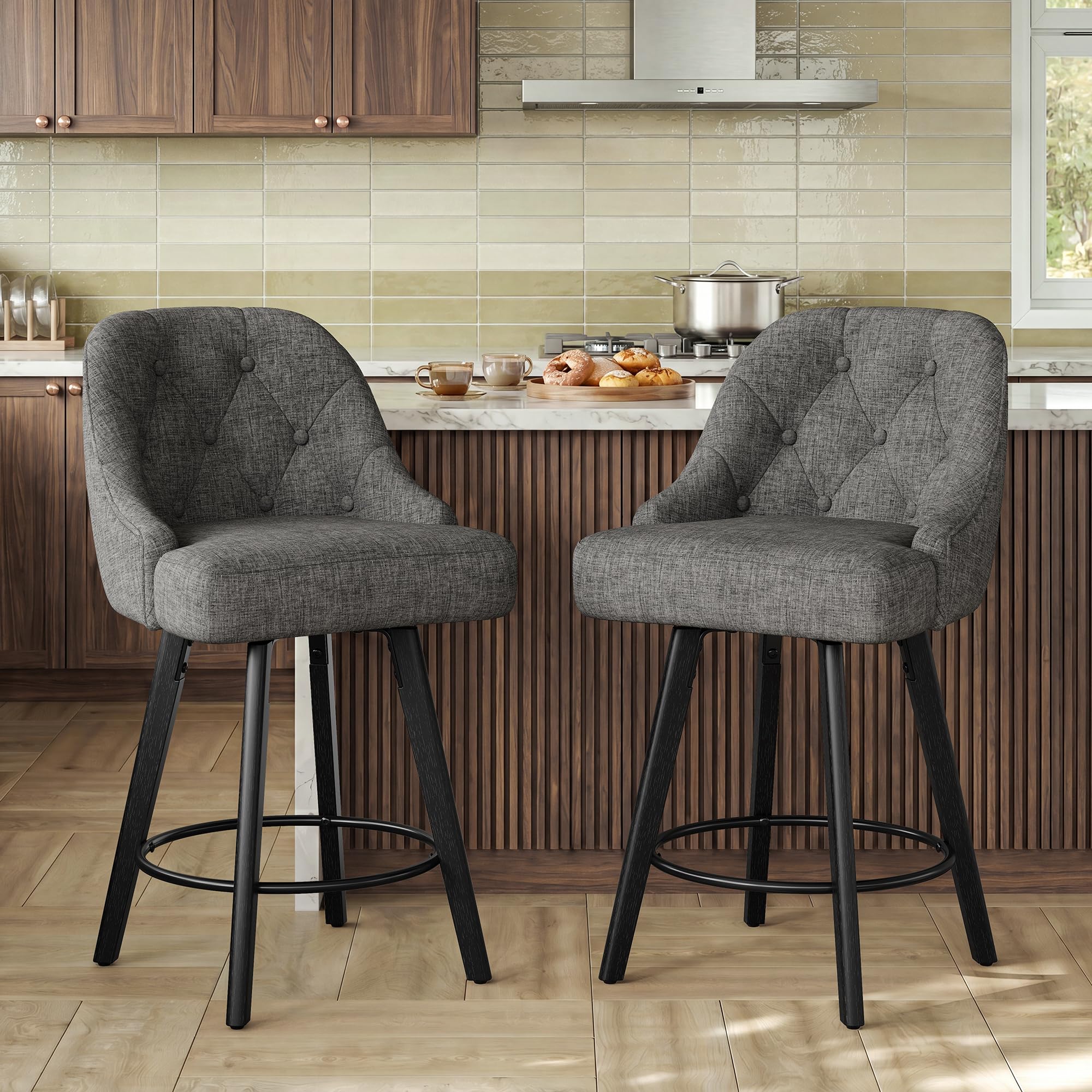 Furnihold Modern Counter Height Bar Stools Set of 2, Linen Fabric Upholstered Swivel Bar Stools with Backs & Solid Wood Legs, Bar Chairs for Kitchen Home, Grey