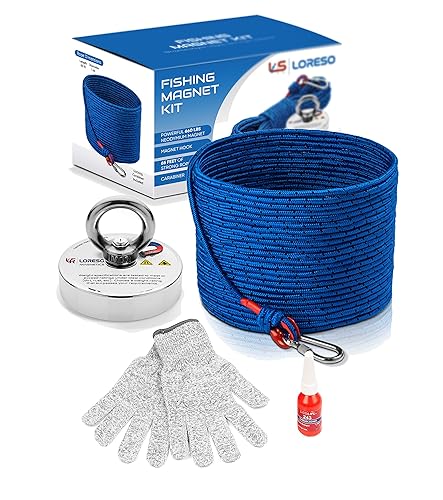LORESO - Kit de imanes de pesca de 660 libras con cuerda, kit completo de pesca con imán, imán de salvamento de neodimio para pesca con imán, cuerda
