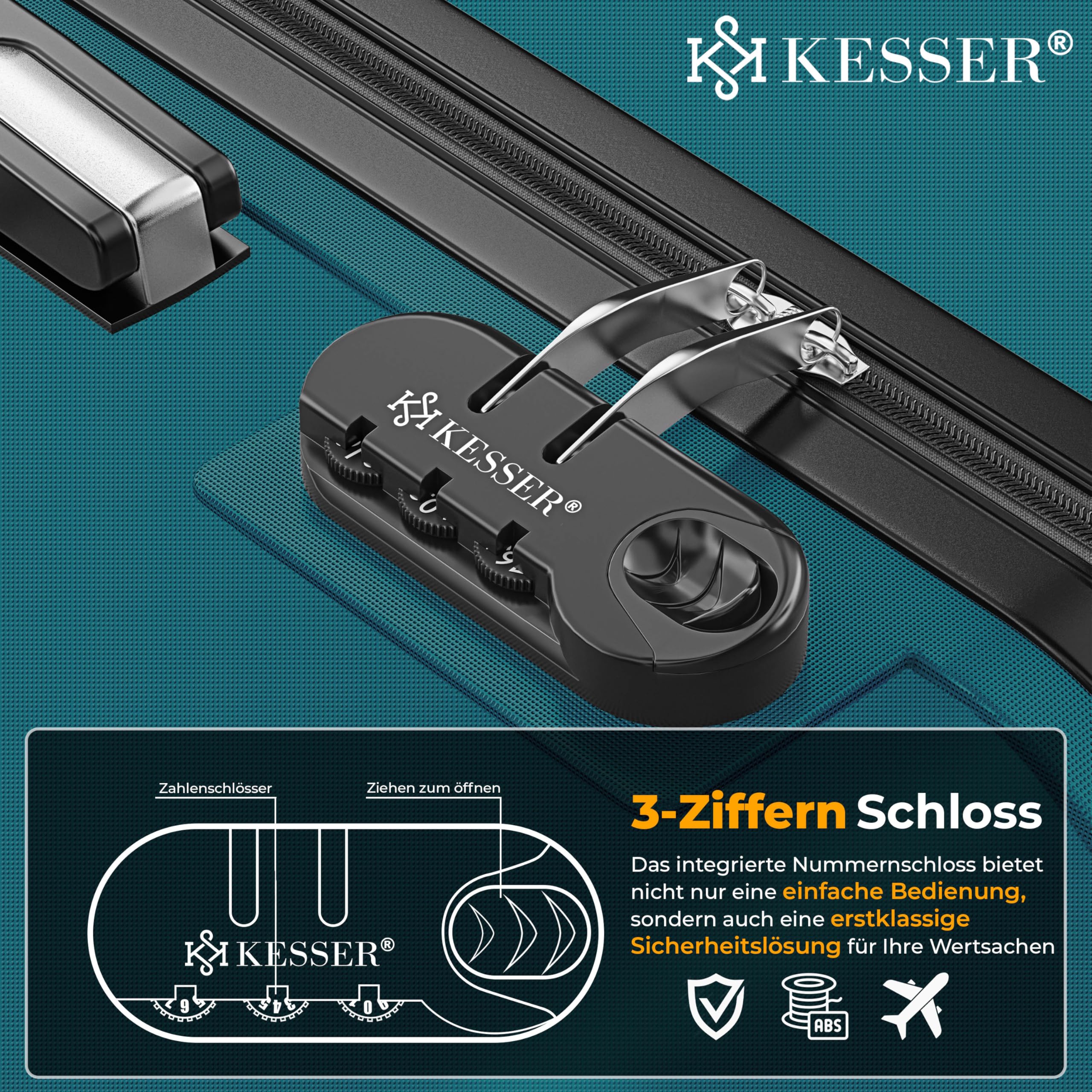 KESSER® Set di 3 valigie rigide, set di valigie da viaggio, set di valigie trolley, incl. bilancia per bagagli + etichetta per bagagli, chiusura per valigie rotolanti, manico telescopico M-L-XL