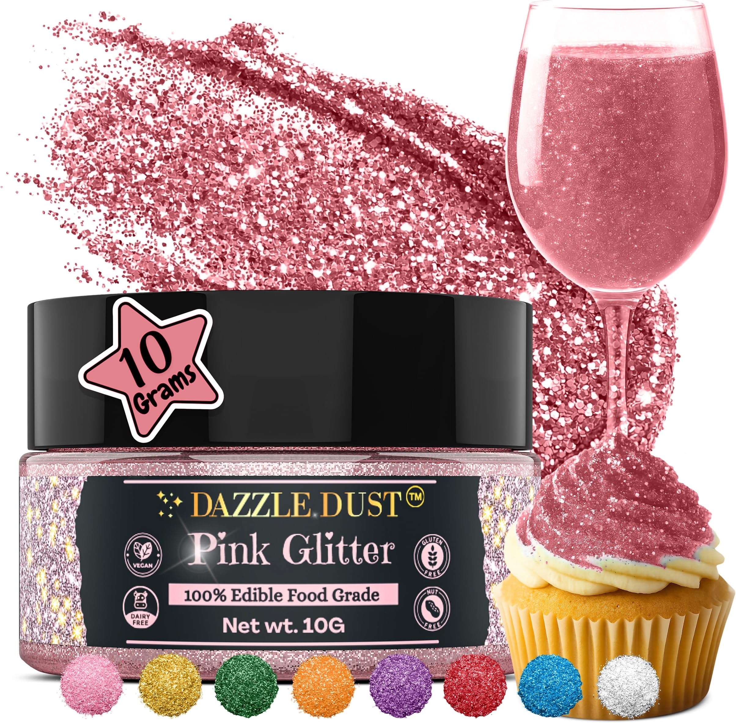 Dazzle Dust Edible Glitter Sprinkles for Cake Decorating, Drinks, Cookie, Icing, Dessert Decorations, Sparkly Luster, Food-Grade, Vegan, Gluten Free, Kosher, Bulk 10g, Pink