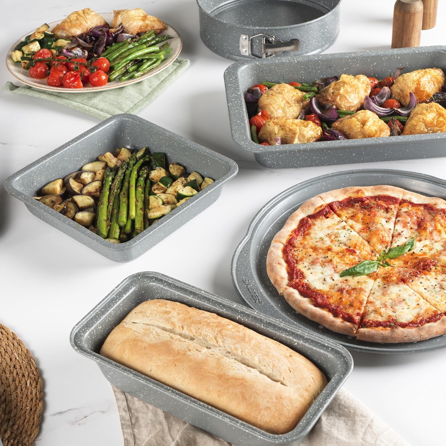 Salter Marblestone 3-Piece Baking Set - Non-Stick Oven Trays, Lightweight Carbon Steel, Easy Wipe Clean, Includes a 36cm Roaster, 37cm Baking Tray, 23cm Square Tray, Oven Safe to 220°C, PFOA Free