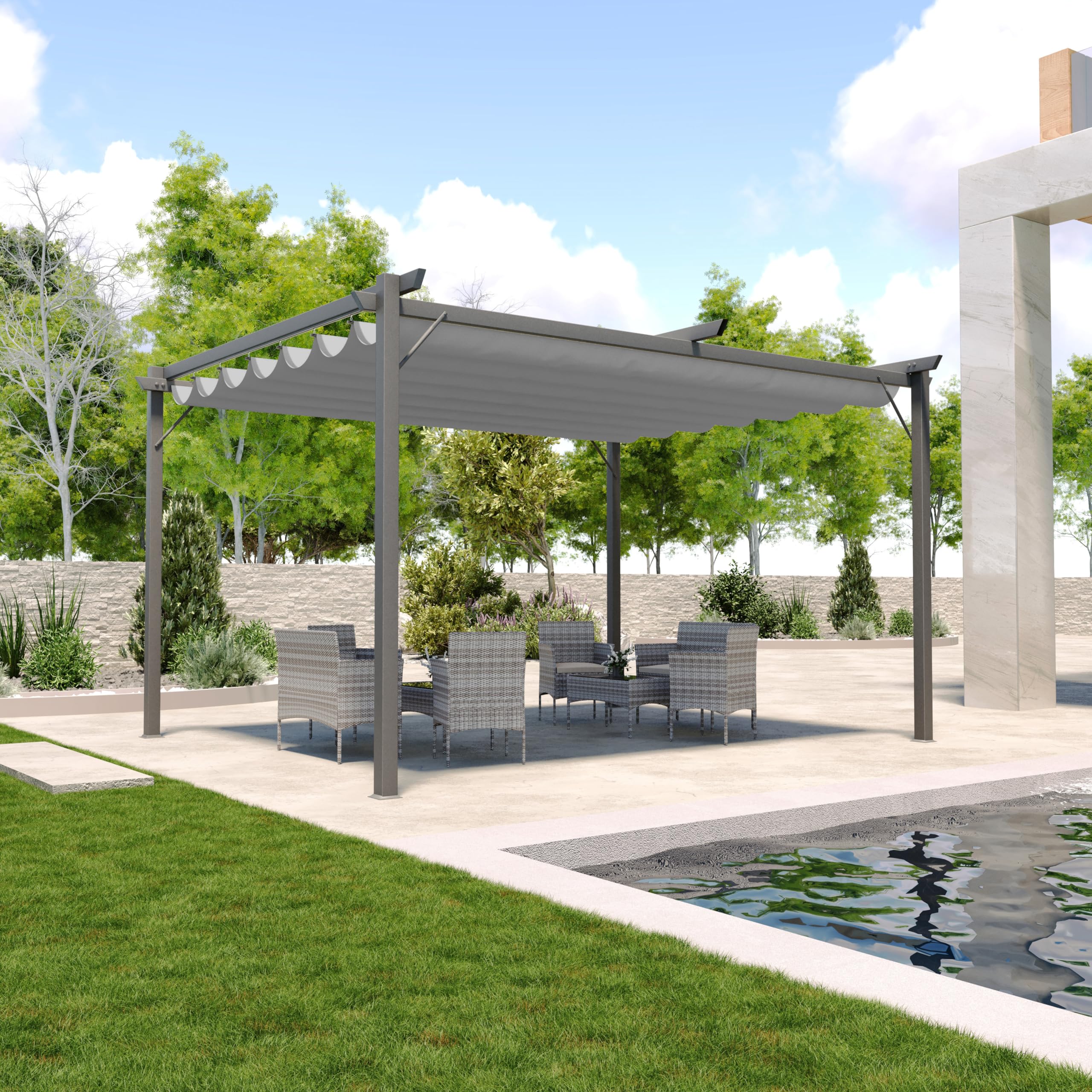 BRICOZONE Pergola Gazebo Giardino Telo Retrattile Pergolato Impermeabile Richiudibile Struttura In Acciaio Terrazzo Balcone Veranda Patio Piscina Esterno Design Moderno Elegante (3 x 4 M, Grigio)