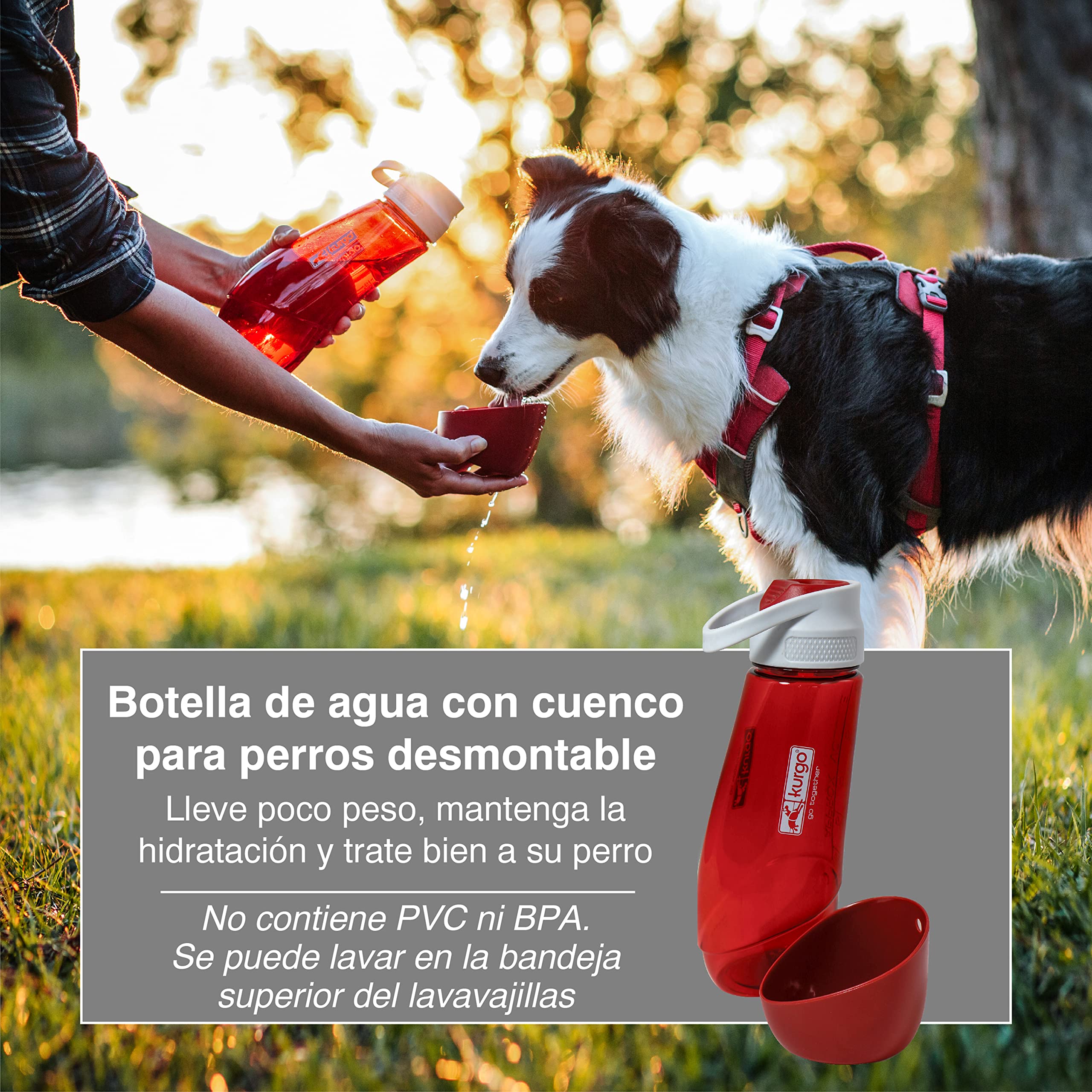 Kurgo Gourd Botella de Agua y Cuenco de Viaje para Perros, 2 en 1, Botella y Cuenco Portátil para Perros, Accesorio de Viaje, Bebedero Desmontable, 0.7 L, Rojo