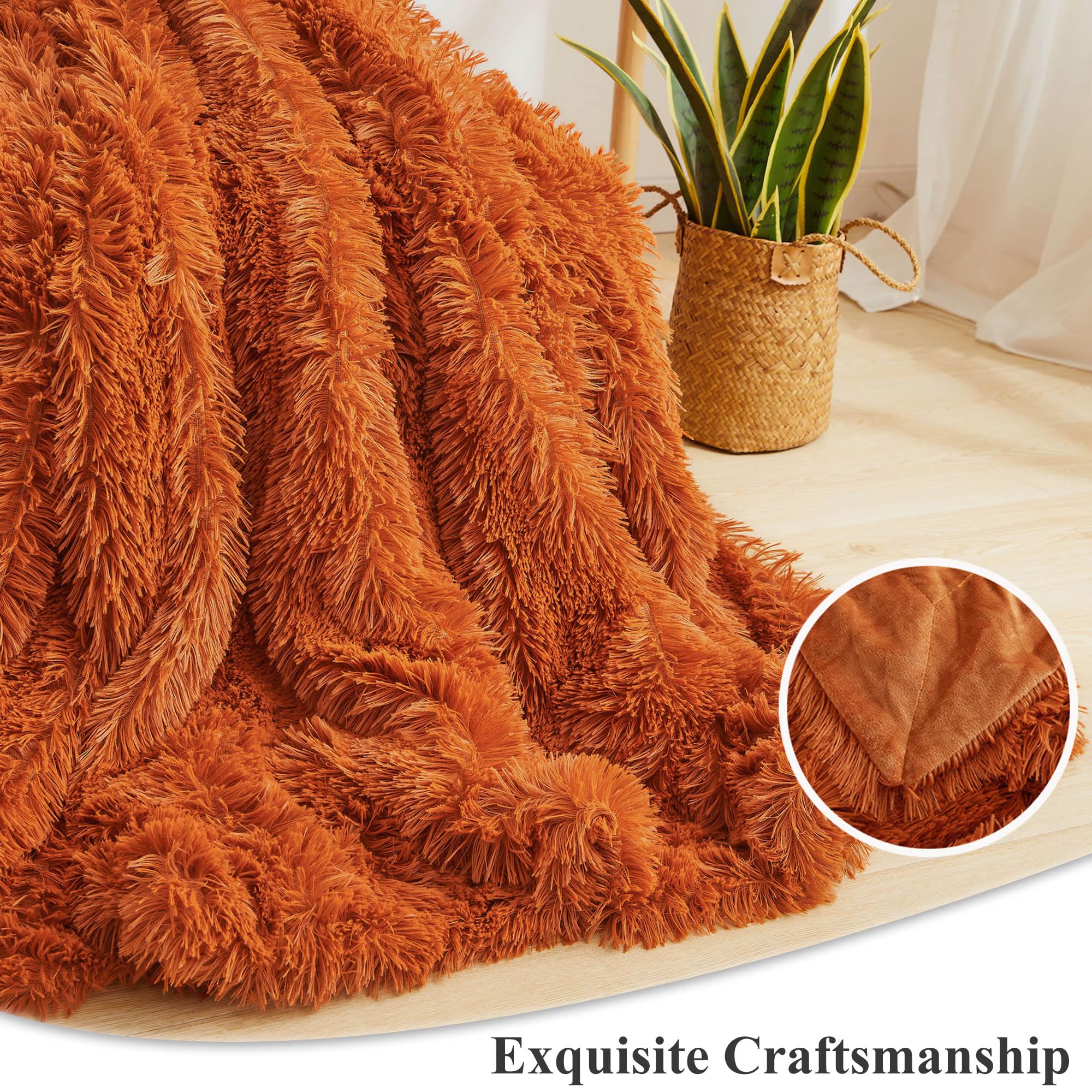 XeGe Luxury Faux Fur Throw, Burnt Orange Soft Fluffy Blanket Single, Shaggy Plush Decorative Couch Throw - Image 4