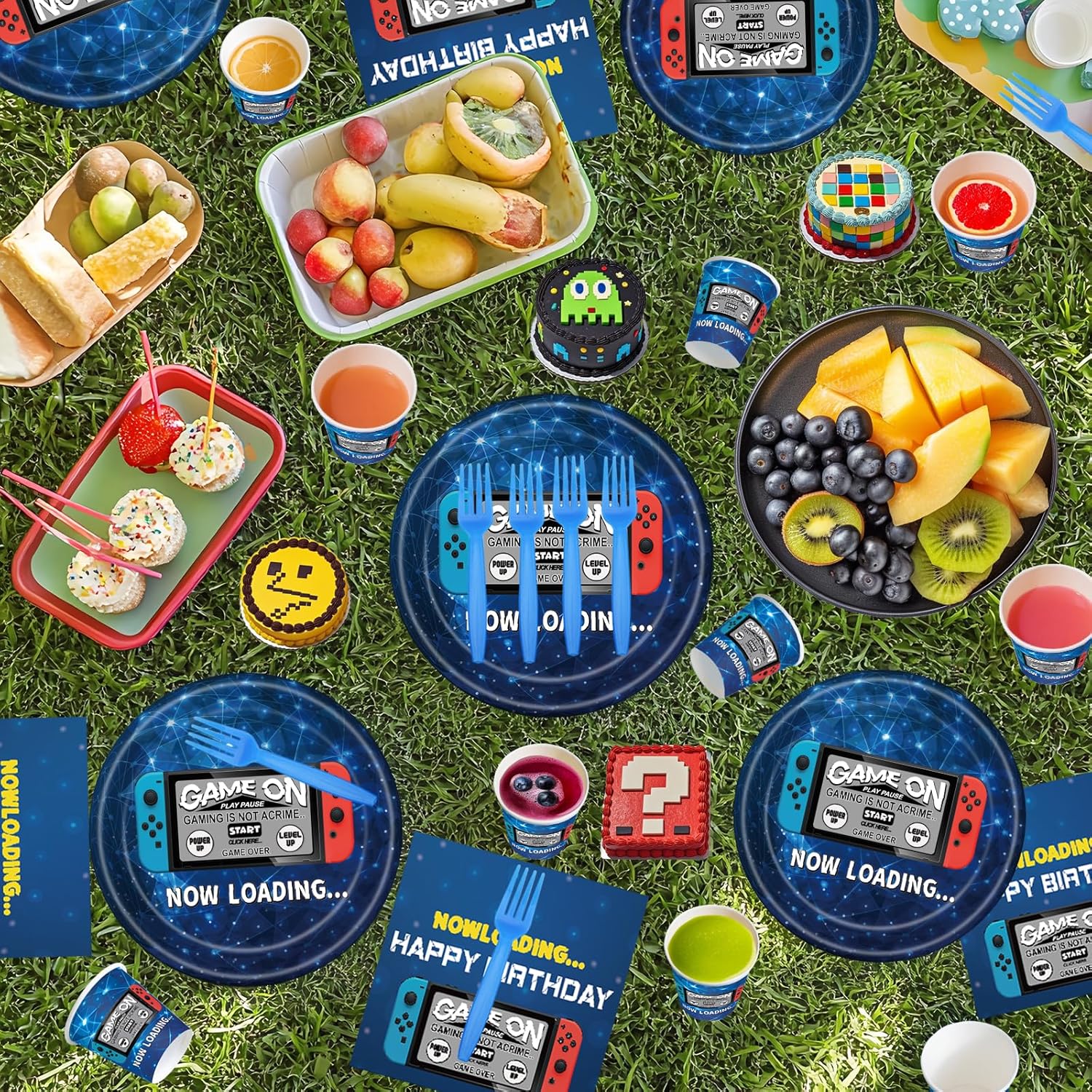 Video Game Party Supplies & Decorations Set for 24 Guests - Birthday Party Plates, Napkins, Cups, Forks, Tablecloth, Banner & Stickers - 123 Pcs Gaming Tableware for Birthday & Gamer Celebration