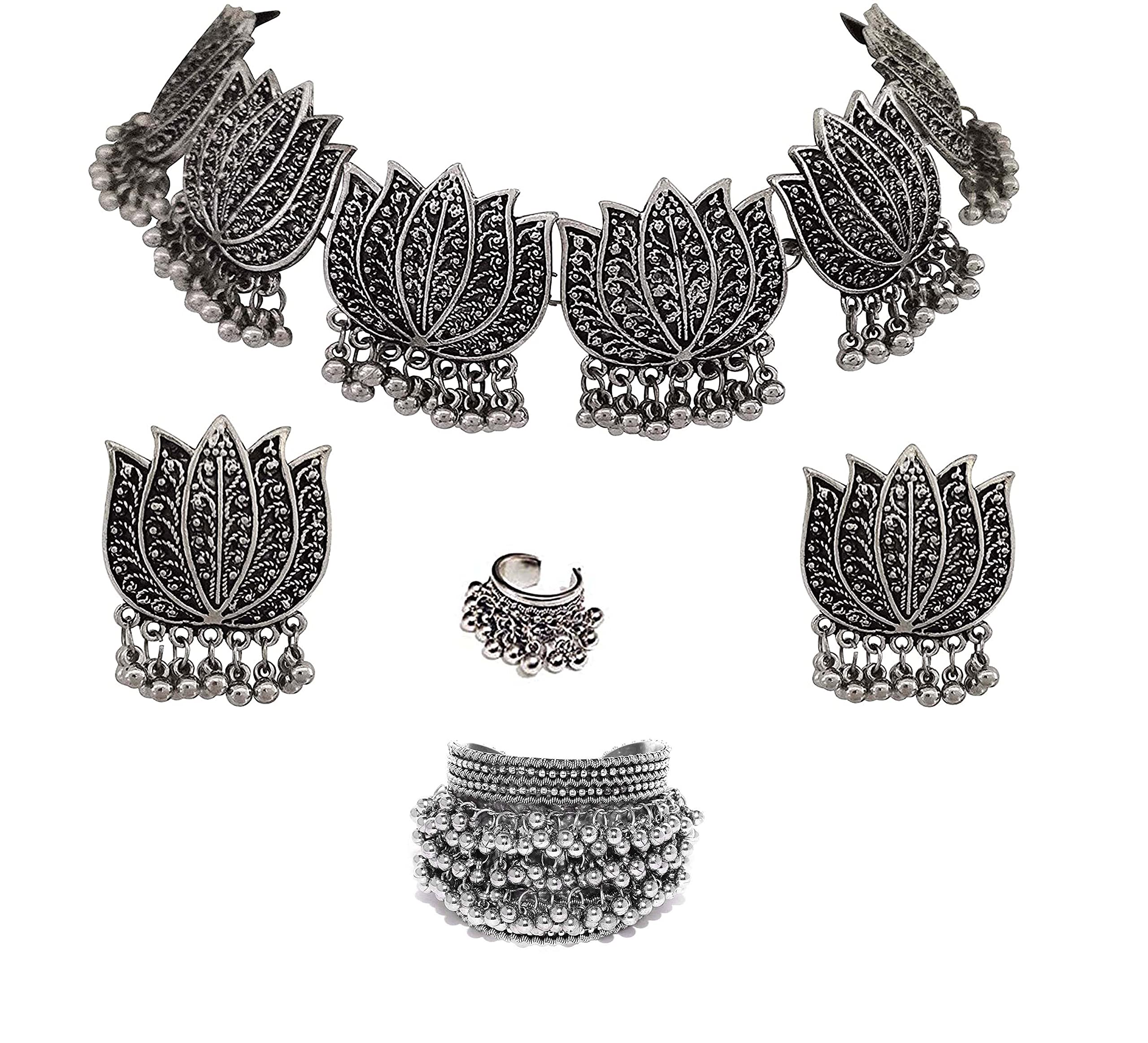 Total Fashion Latest Stylish Boho Trible Silver Oxidised Choker Necklace Combo Jewellery Set Women for Girls (B094ZP76YX) Amazon Price History, Amazon Price Tracker