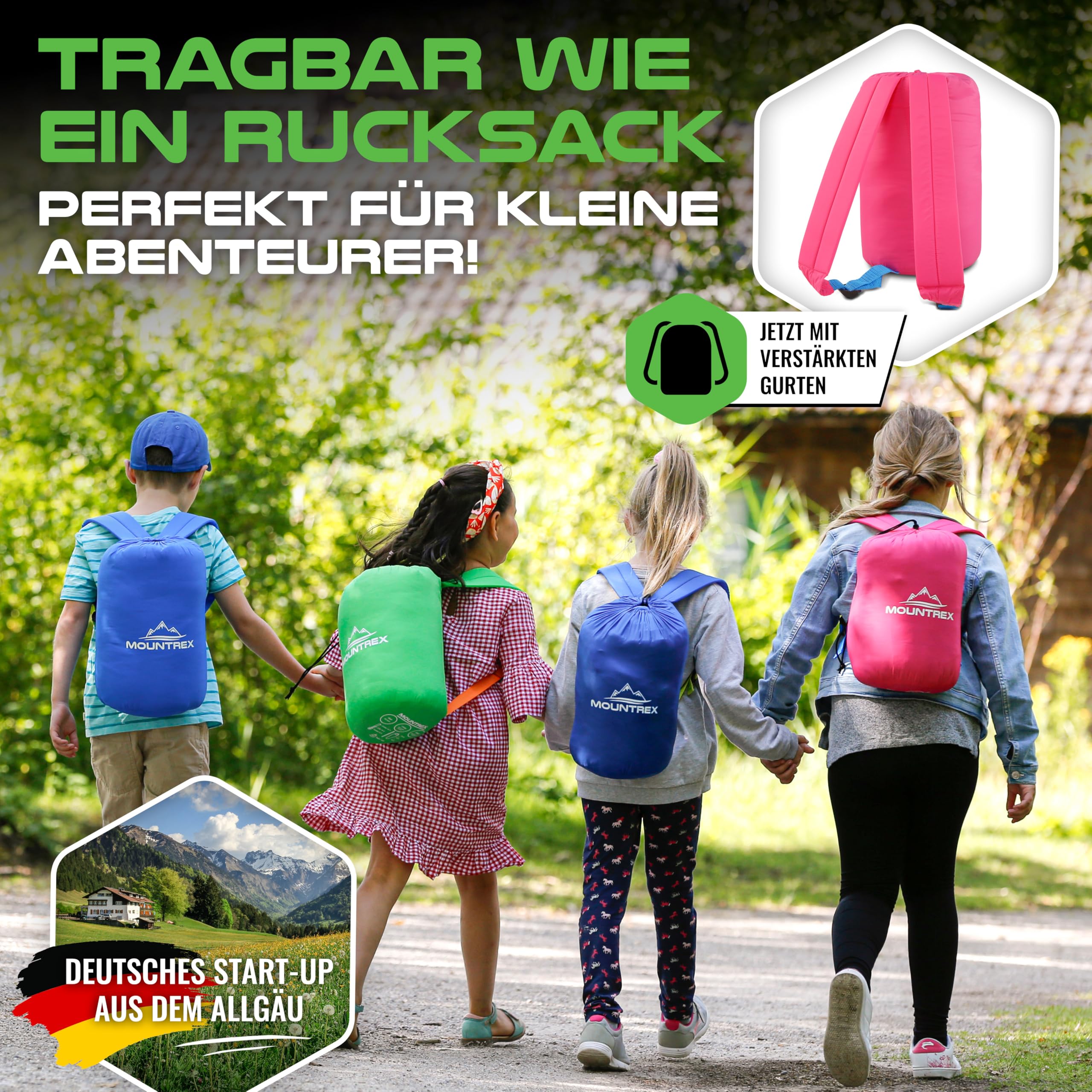 MOUNTREX® Śpiwór dziecięcy – przenośny jak plecak – śpiwór dla dzieci (175 x 70 x 45 cm) – do użytku na zewnątrz, w podróży, pod namiotem, na kemping – lekki i kompaktowy – 100% bawełna wyściółka