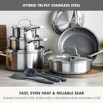 GreenPan Hybrid 13 Piece Nonstick Stainless Steel Cookware Set, APEX Tri-Ply Thermobond PFAS-Free Ceramic Pots & Pans, Induction & All Cooktop Compatible, Oven Temp to 850F, Dishwasher Safe, Silver