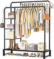DecorateYourHome Double Rod Clothes Rack with 4-Tier Shelves & Hooks - Heavy Duty Metal Garment Organizer for Bedroom Closet, 63"H Black