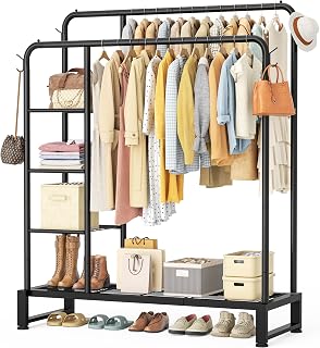 DecorateYourHome Double Rod Clothes Rack with 4-Tier Shelves & Hooks - Heavy Duty Metal Garment Organizer for Bedroom Closet, 63"H Black