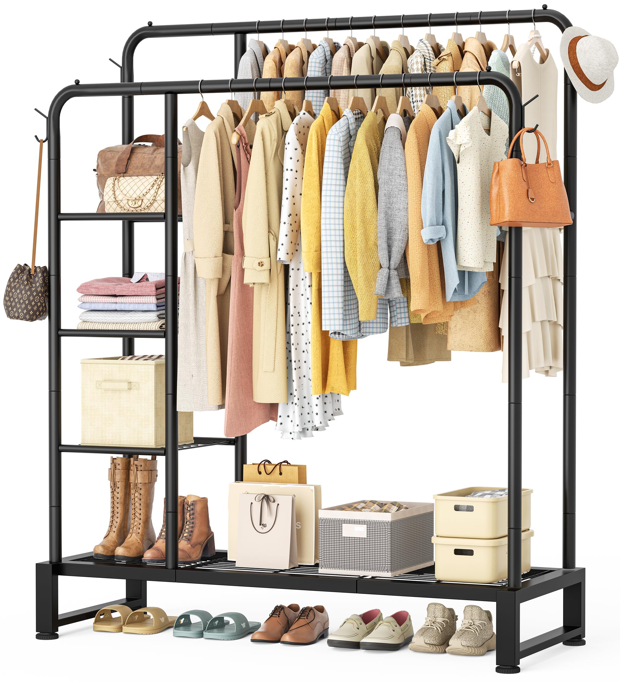 Double Rods Clothes Rack Clothing Rack with 4 Tier Storage Shelves Clothes Rack for Hanging Clothes Multifunctional Heavy Duty Clothes Organizer with Hooks for Bedroom,Wardrobe Closet,Shop,Black