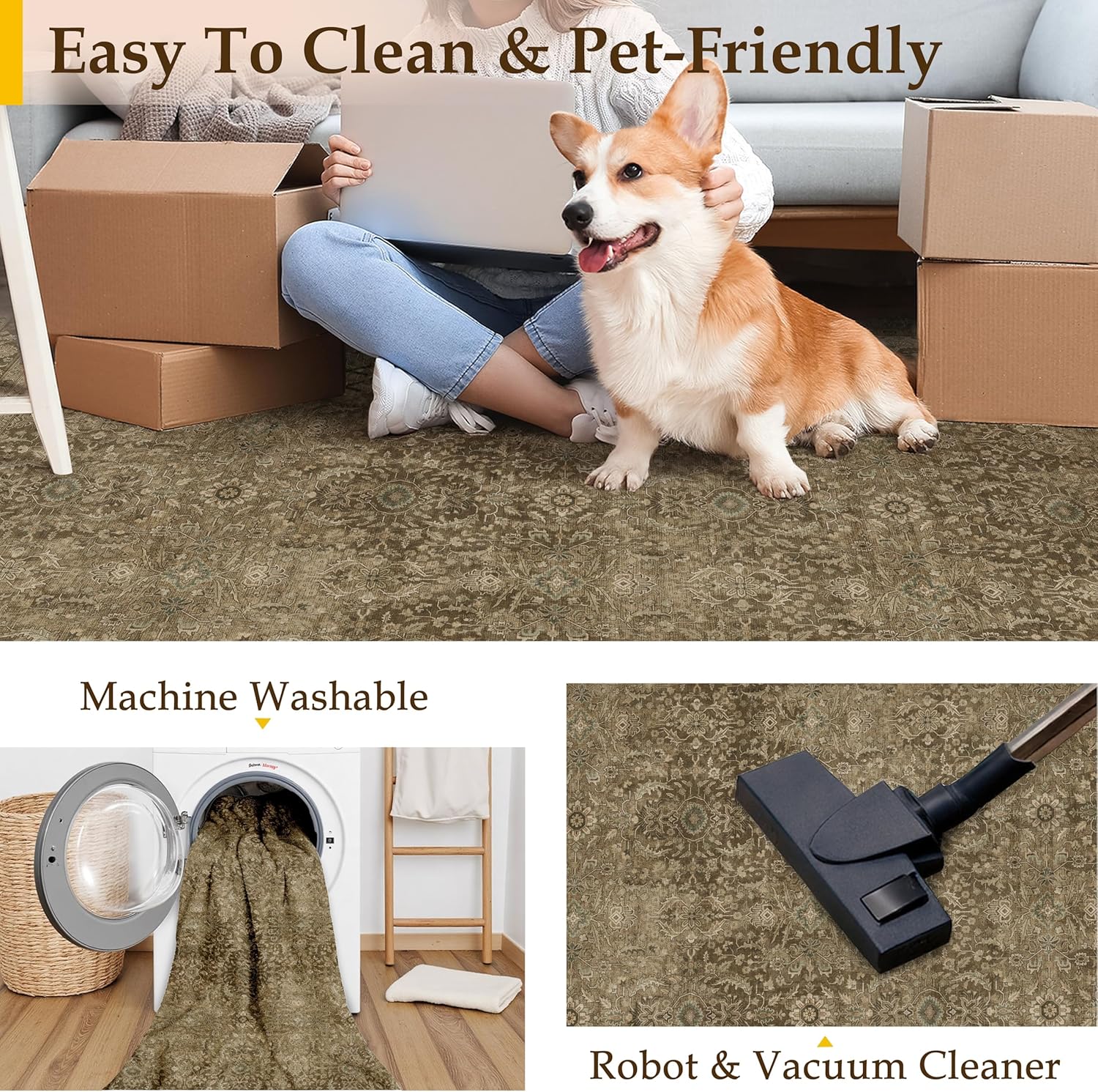 Brown 8x10 Area Rug Washable Vintage Carpet for Living Room Bedroom Large Soft Retro Floral Low Pile Thin Indoor Rug Non Slip Traditional Distressed Floor Cover for Dining Room Office