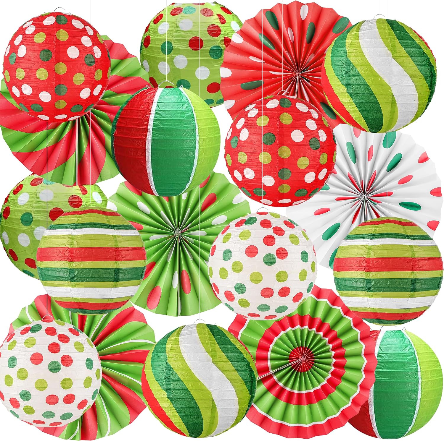 18 Pcs Red Green Christmas Paper Lanterns & Fans Set, 8" Christmas Hanging Ornament & 12" Paper Fans for Indoor Outdoor Decorative, Holiday Xmas Party, Birthday Ceilings Decor