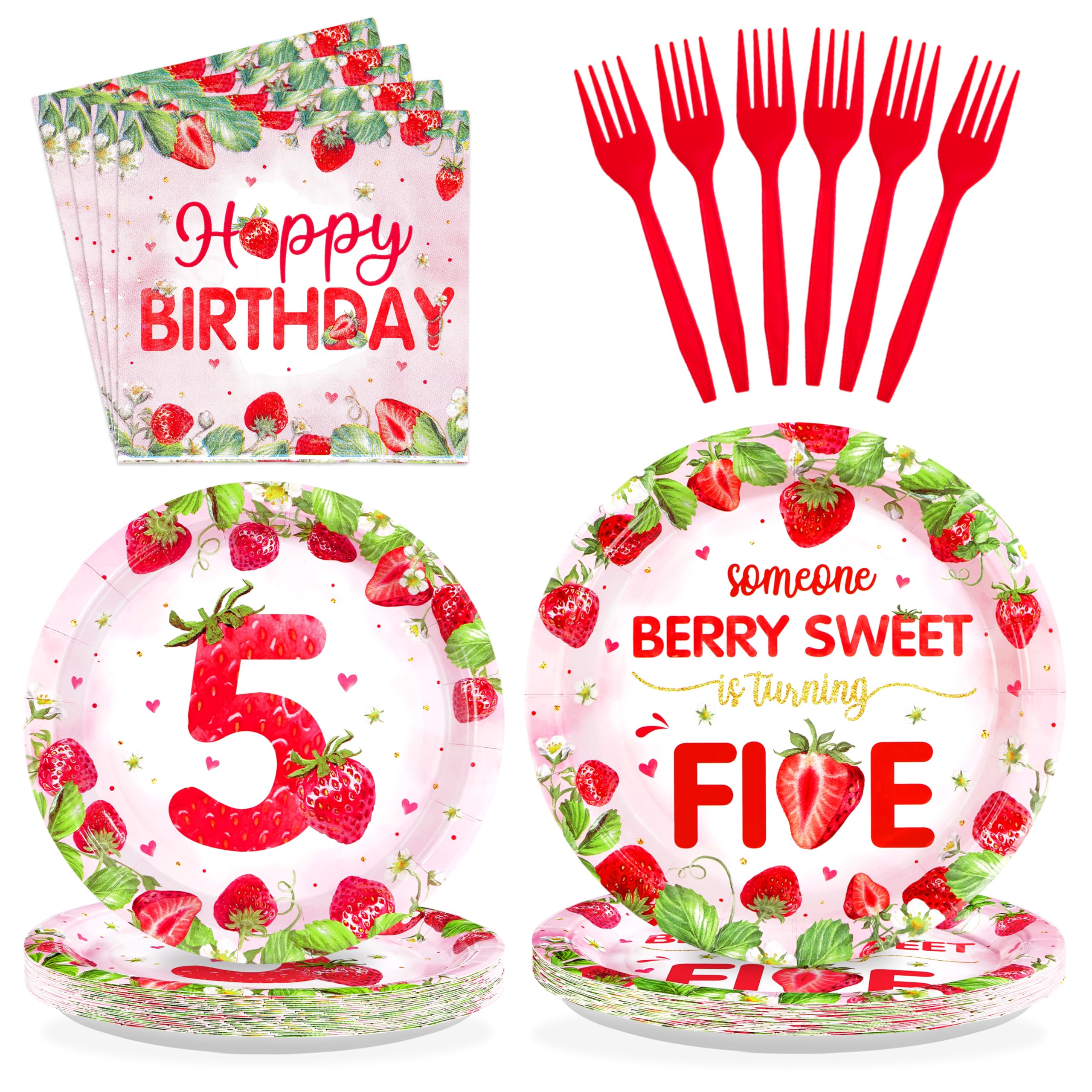 96Pcs Strawberry 5th Birthday Party Decorations Serves 24