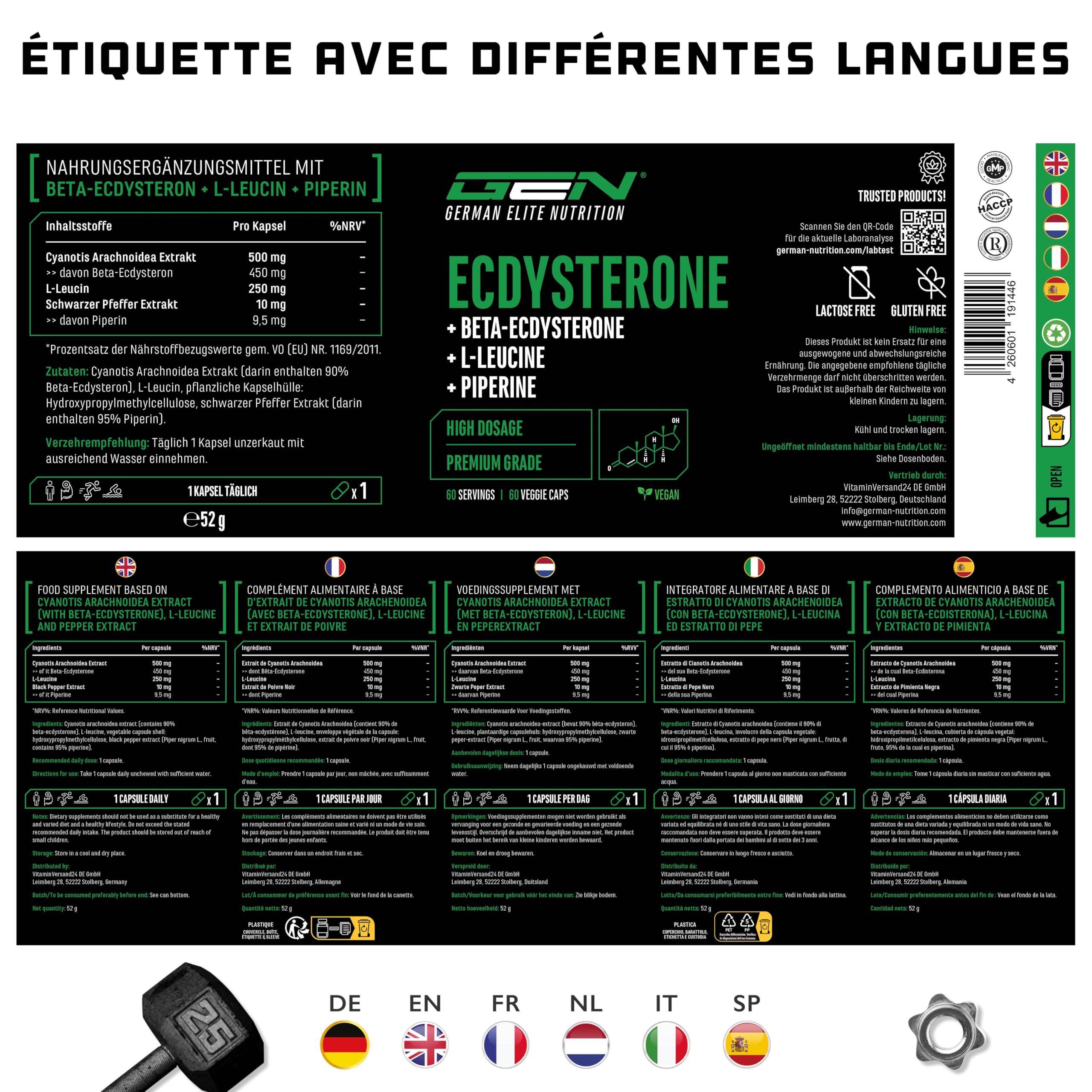 Complexe d'ecdystérone - fortement dosé avec 760 mg par gélule - Premium : 90% bêta-ecdystérone + L-leucine + pipérine - 60 gélules - fortement dosé - Vegan