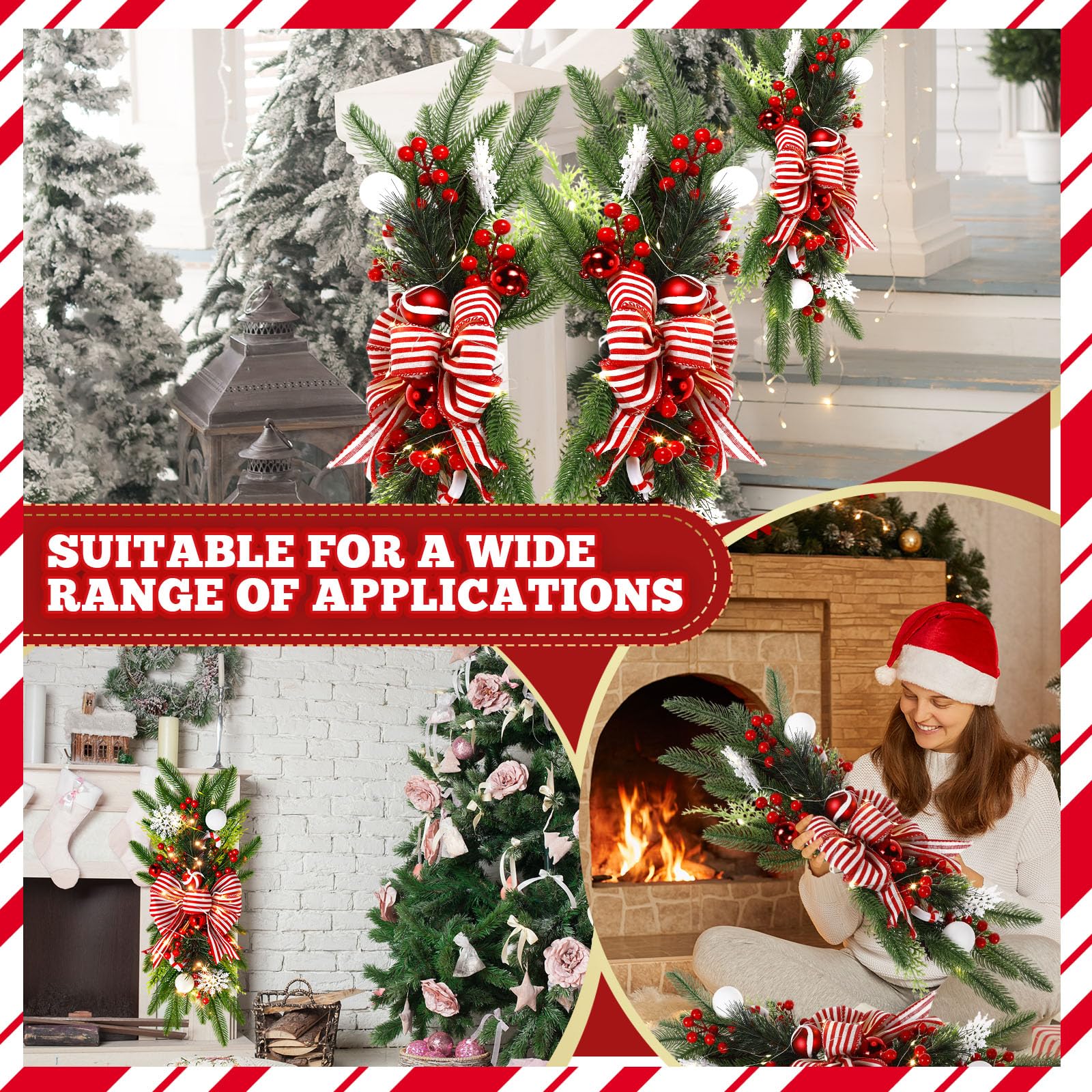 Lyrow Lot de 4 guirlandes de Noël artificielles de Noël de 61 cm - Sans fil - Prééclairées - Décoration de Noël pour extérieur, maison, jardin - Rouge et blanc - Style rétro