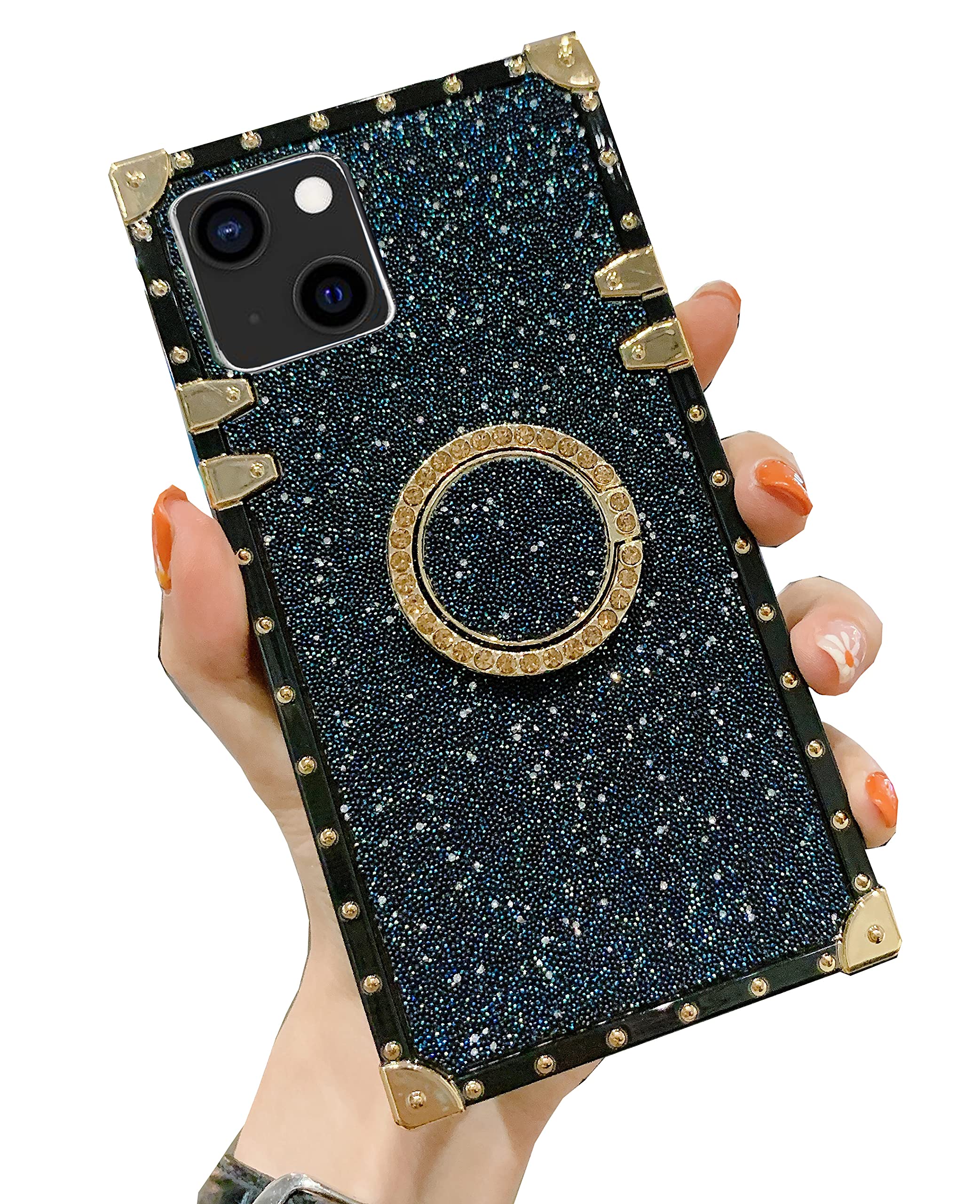 IvachellCompatible with iPhone 13 Mini Case Square with Ring Kickstand 13mini Fashion Cover Phone Cases for Women Girly Trunk Box Sharp 5g 2021 5.4 inch (Blue)