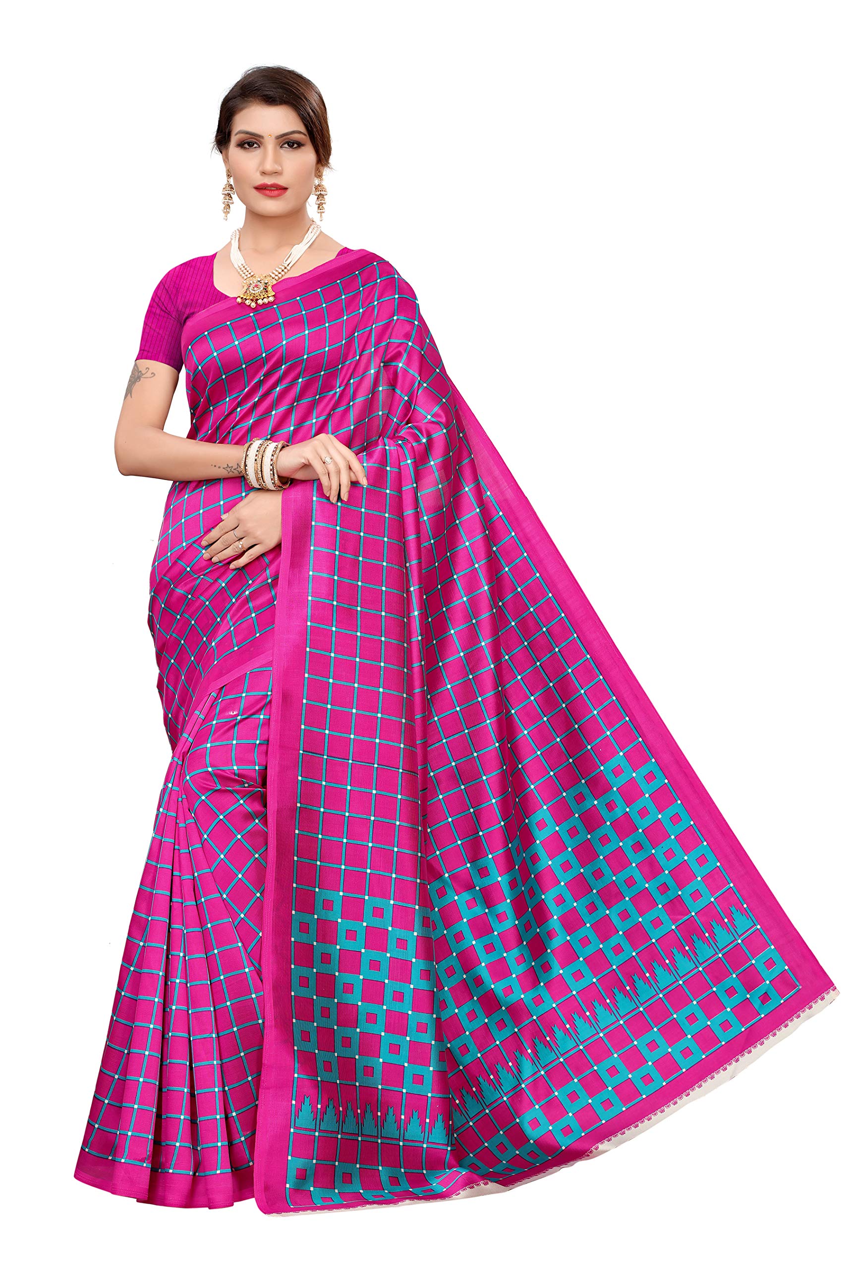 VRUTI FASHION Women's Silk Saree with Blouse Piece (Pink & Turquoise)
