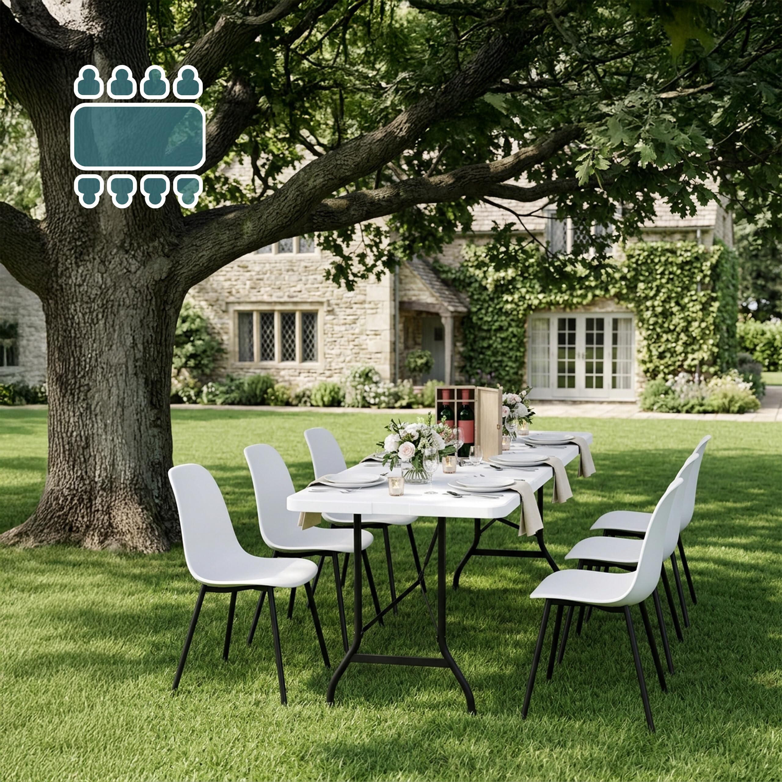Relaxdays Table de Jardin Pliante, 75 x 220 x 68 cm, résistante aux intempéries, Plastique & Acier, 8 Personnes, Blanche