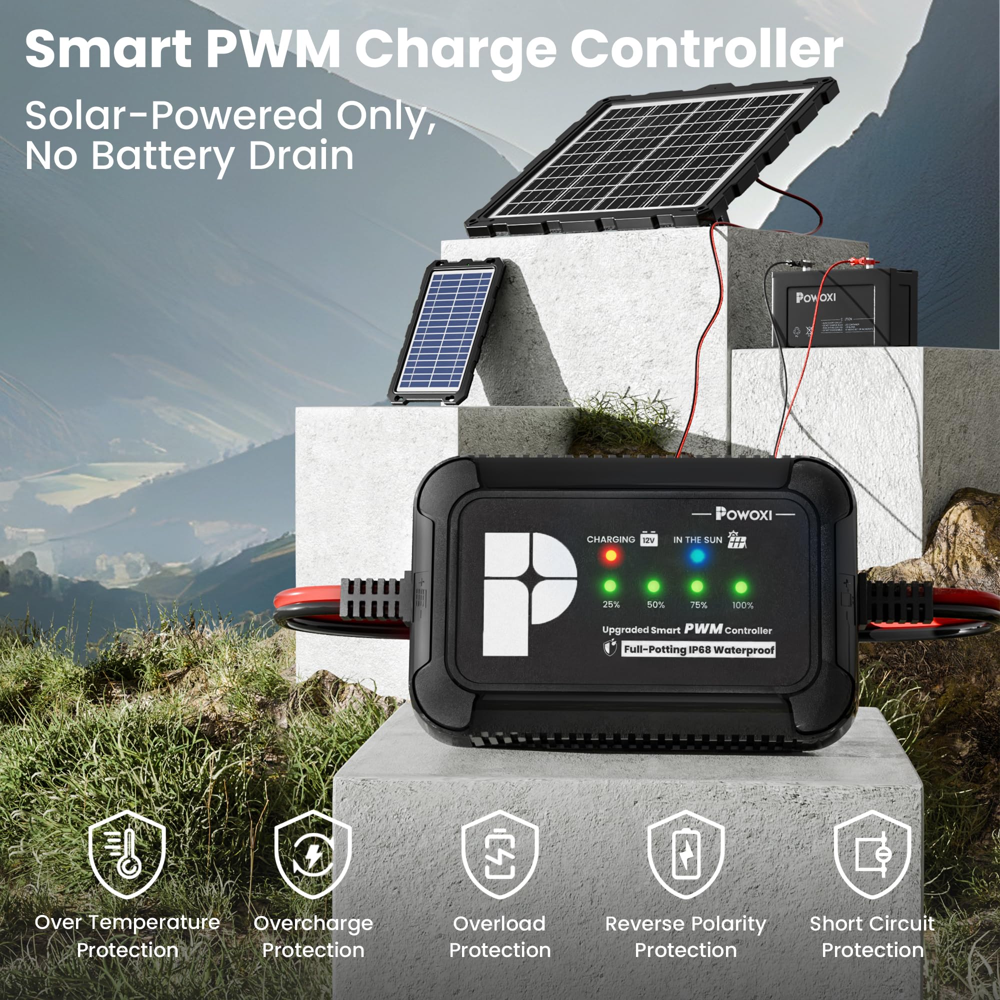 POWOXI Upgraded 12V 10amp Solar Charge Controller - IP68 Waterproof PWM Solar Charge Regulator for LiFePO4 AGM Gel Lead-Acid Batteries - Inline Battery Maintainer for RV Boat Car Trailer Truck - 3