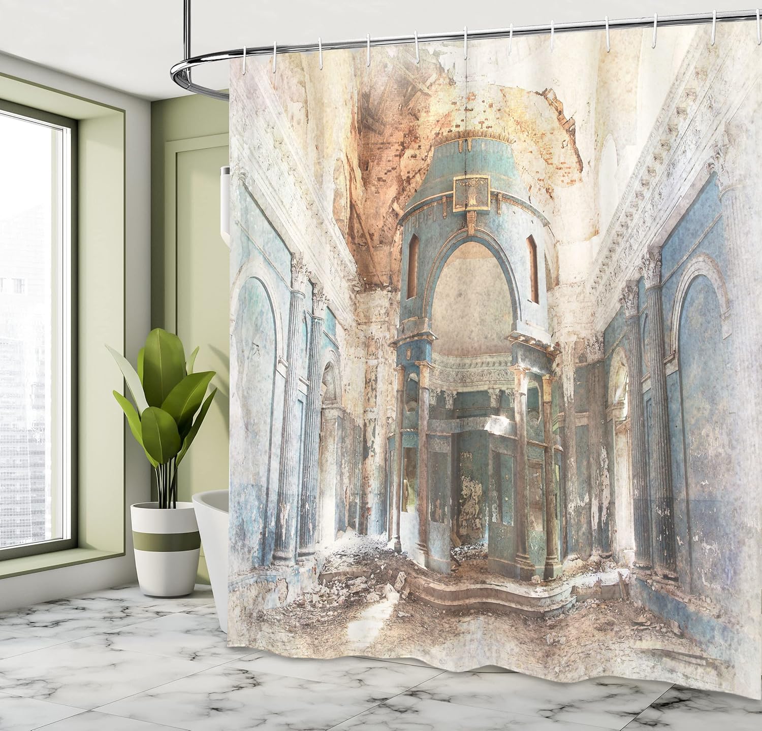 Ambesonne Antique Shower Curtain, Old Renaissance Era Architecture with Columns Art Print, Cloth Fabric Bathroom Decor Set with Hooks, 69" W x 84" L, Petrol Blue Marigold
