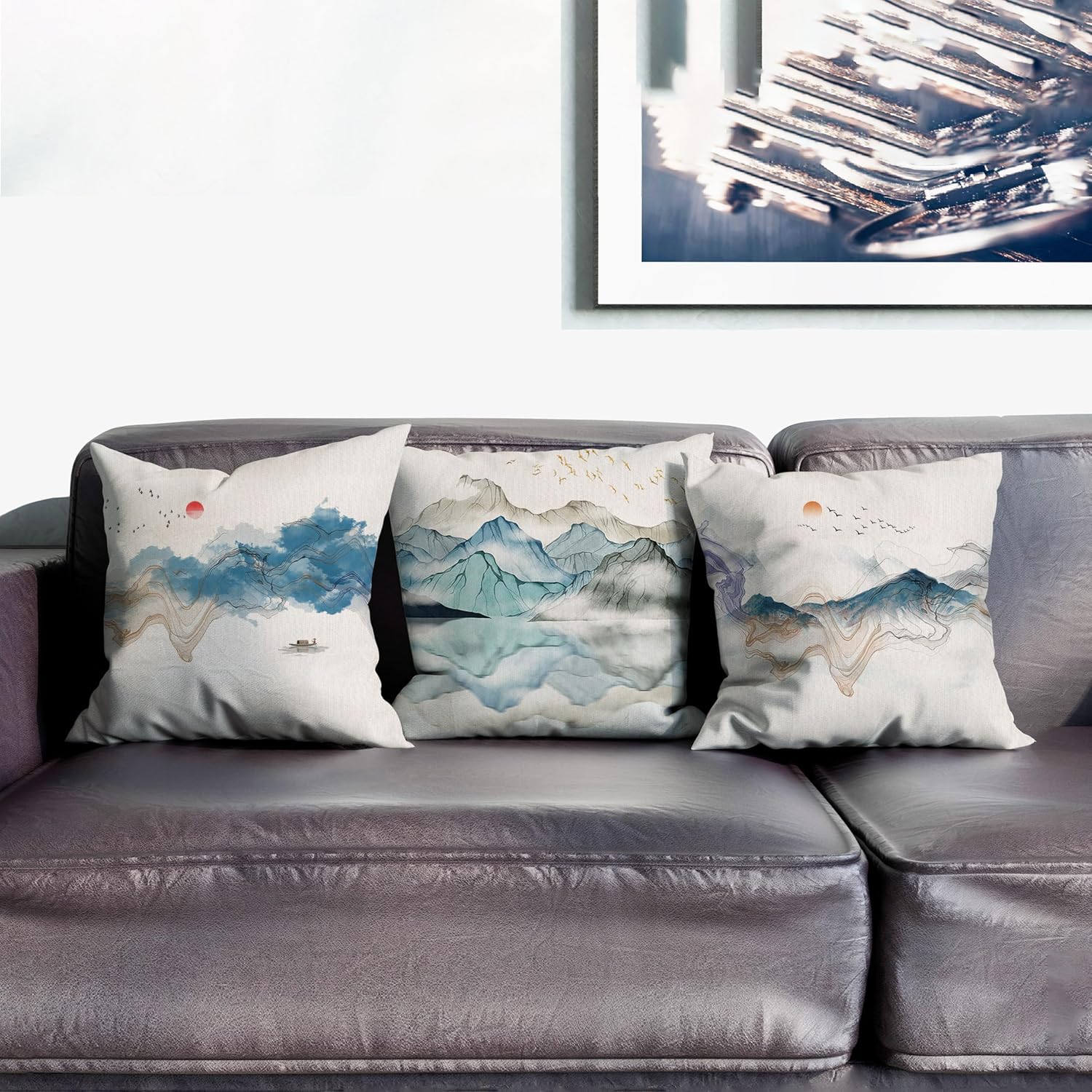 Digital-Printed Blue Landscape Pillow Cover. Linen-Like Blend. Modern Chinese Style for Home Decor.(24 * 32inch,WLSS-D)