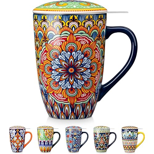 vancasso Ceramic Tea Mug with Infuser and Lid, 18 Ounce Bohemian Loose Leaf Cup, Microwave & Dishwasher Safe, Perfect for Tea, Coffee, Burnt-Cobalt Mandala