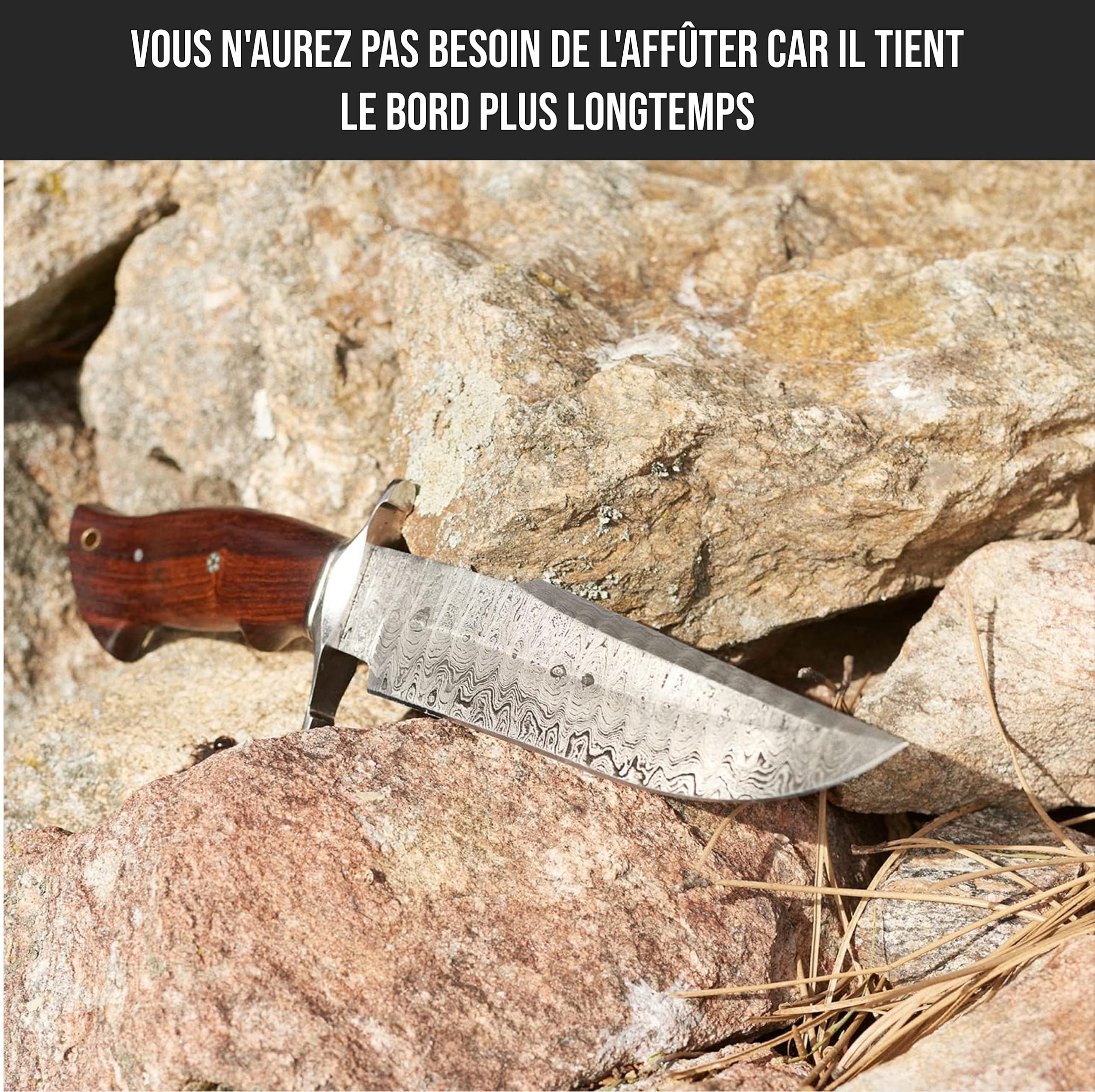 BIGCAT ROAR Screaming Eagle II - Long Couteau Artisanal en Acier Damas 38 cm - Manche Bois de Noyer et Étui Cuir - Couteau d’extérieur - Cadeau Aventurier ou Collectionneur - EDC