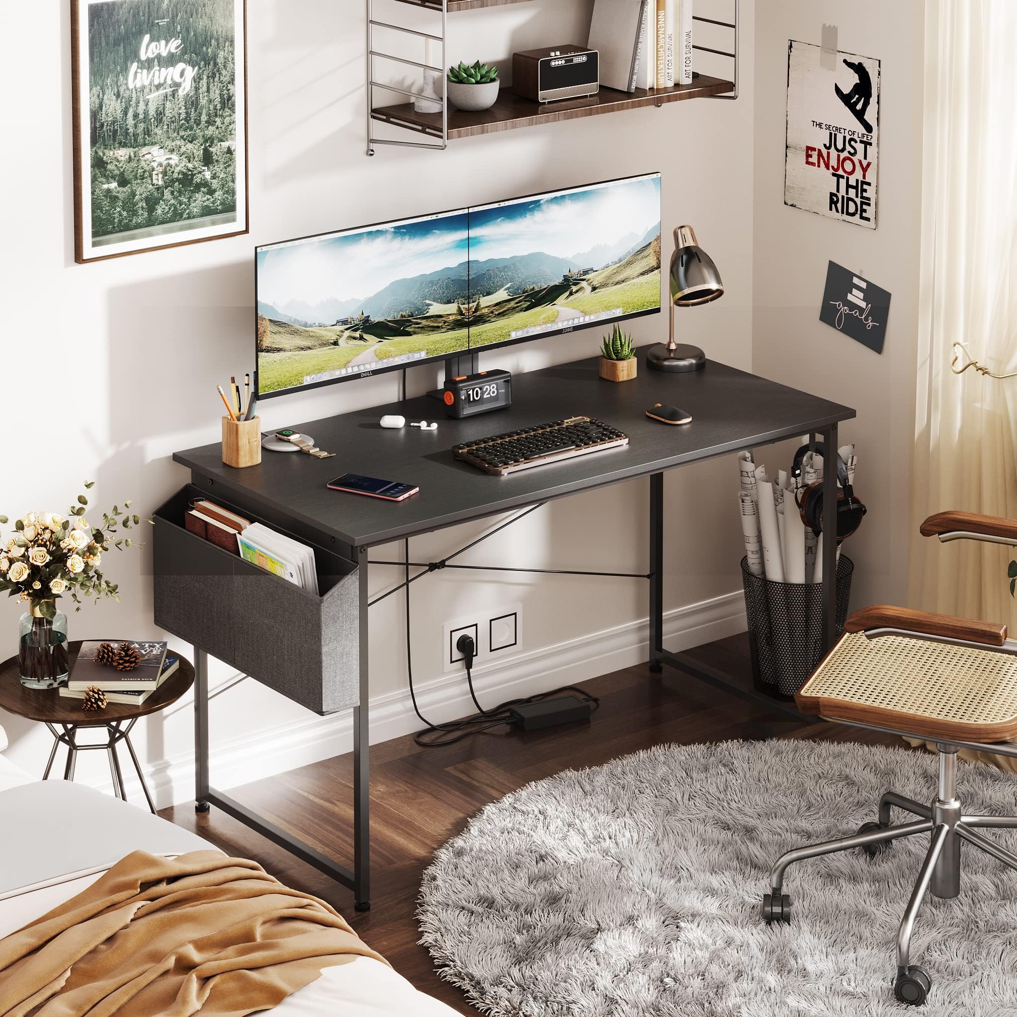 Schreibtisch, Computertisch mit Kopfhörer Halter und Aufbewahrungstasche, Stabil Arbeitstisch, Industrie-Design, PC Tisch, Kleiner Bürotisch Officetisch für Home, Office (Schwarz, 120 x 60 x 75 cm)