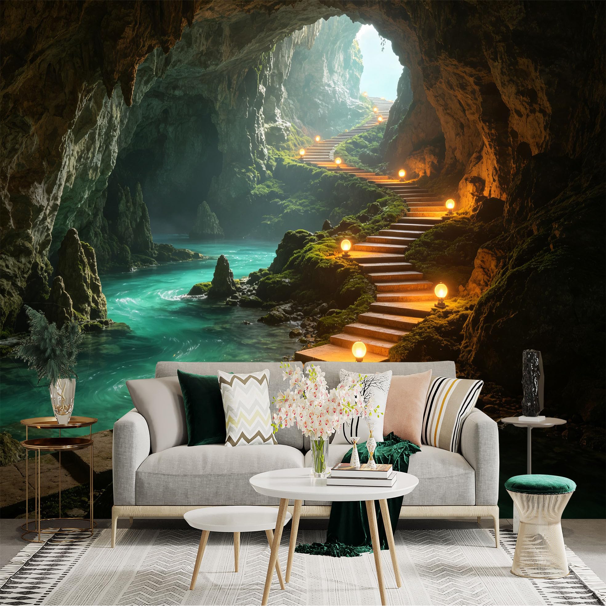 Custom Size Wall Sticker Mural， Enchanted Cave with Glowing Stone Stairway， Peaceful Underground River， Mystical Forest Entrance， for wall Decoration， peelandstick wall Decals.