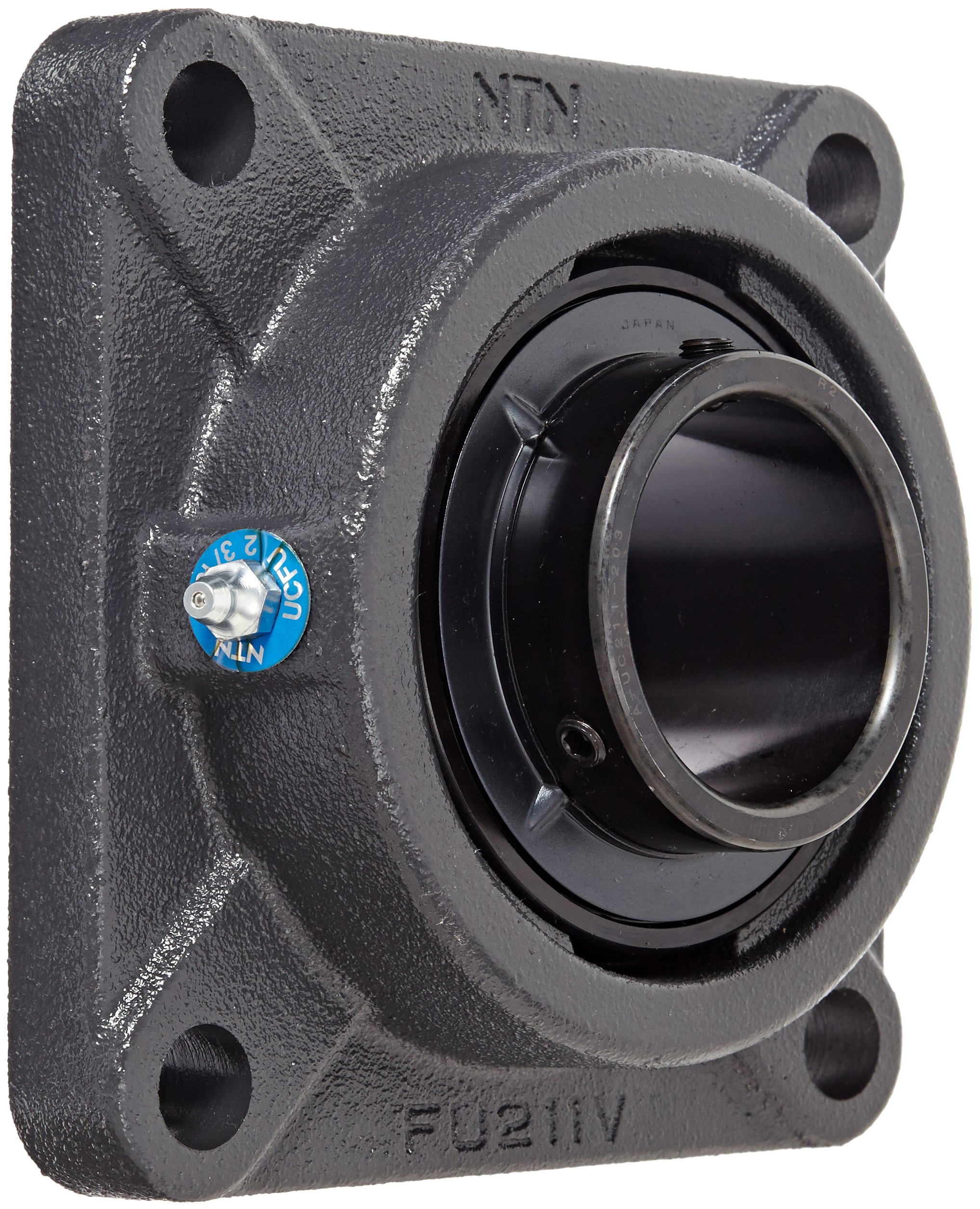 NTN UCFU-2.3/16 Light Duty Flange Bearing, 4 Bolts, Setscrew Lock, Regreasable, Contact and Flinger Seals, Cast Iron, 2-3/16