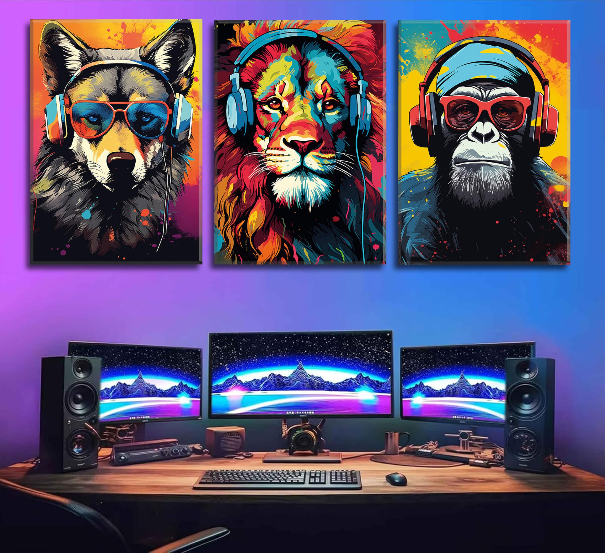 3 x Gaming-Wandkunst, Tier-Graffiti-Poster, Bilder mit Kopfhörern, Sonnenbrille, Gorilla, Tiger, Wolf, coole Gamer-Leinwanddrucke, bunte Graffiti-Gemälde für Teenager, Spiel, Jungenzimmer,