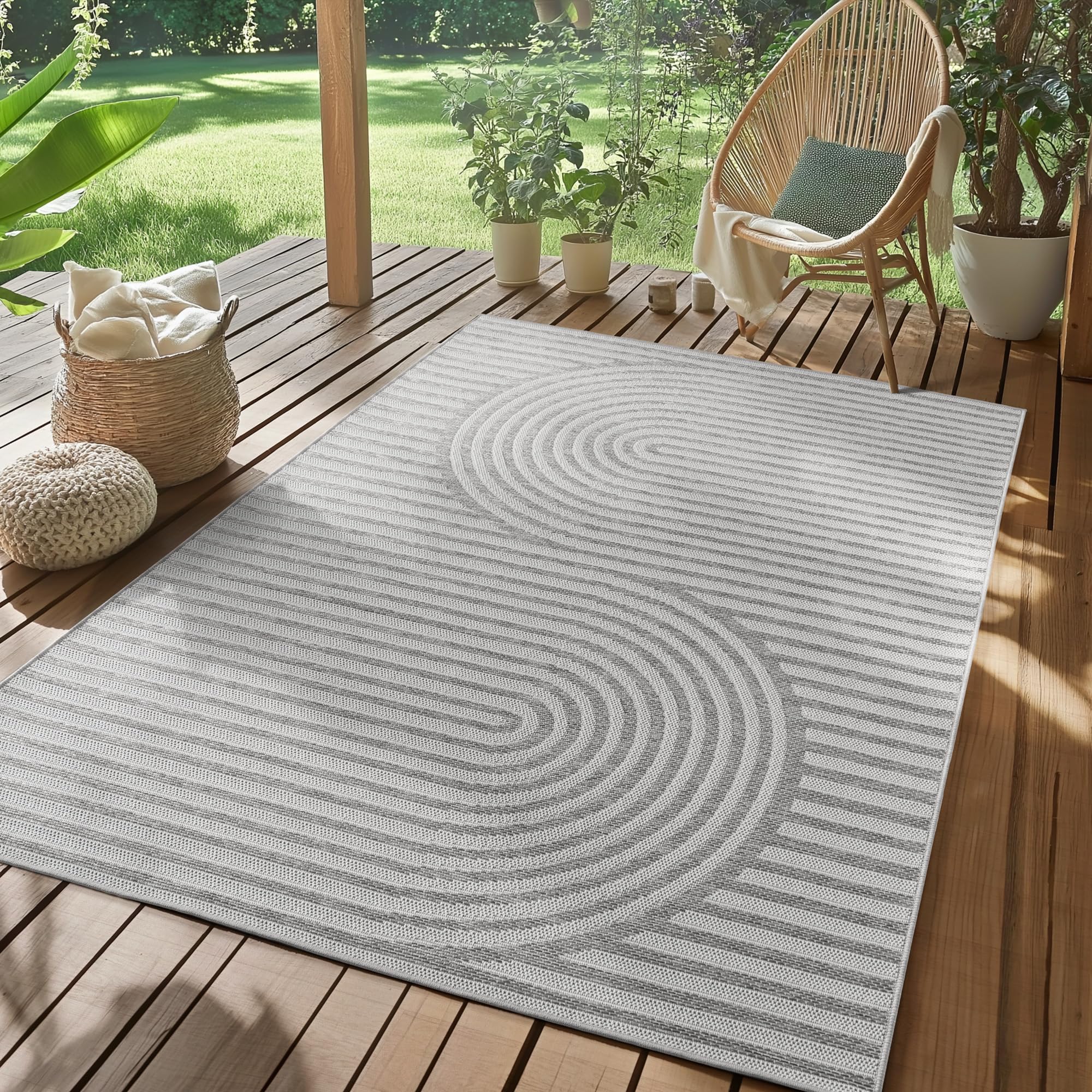 SIMPEX Outdoor Teppich Wetterfest Grau 160x230 cm, UV-beständig, ideal für Küche, Balkon, Terrasse, Garten Wohnzimmer Esszimmer, Skandinavisches Boho-Design, Pfelgeleicht